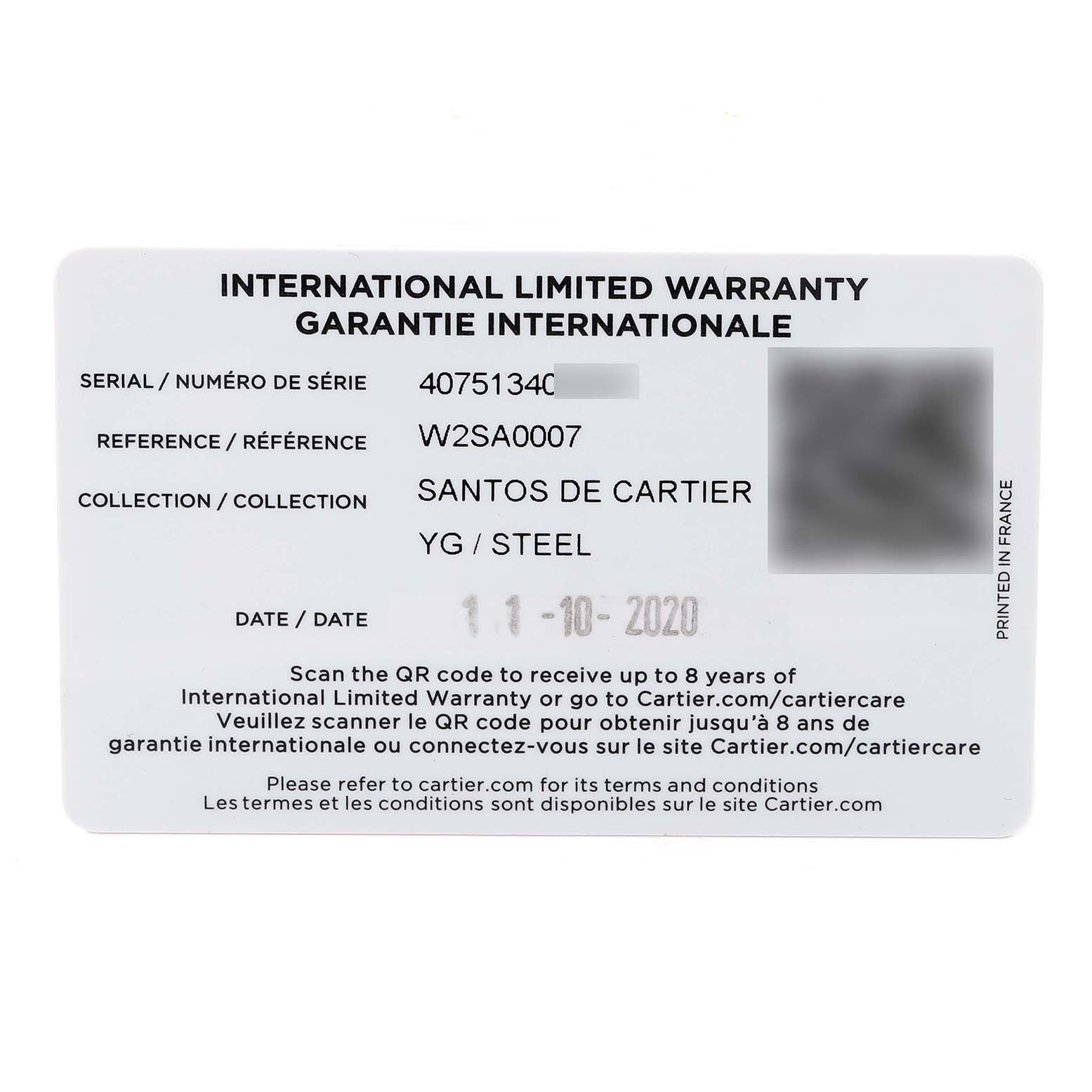 The image shows an International Limited Warranty card for the Santos de Cartier watch model by Cartier.