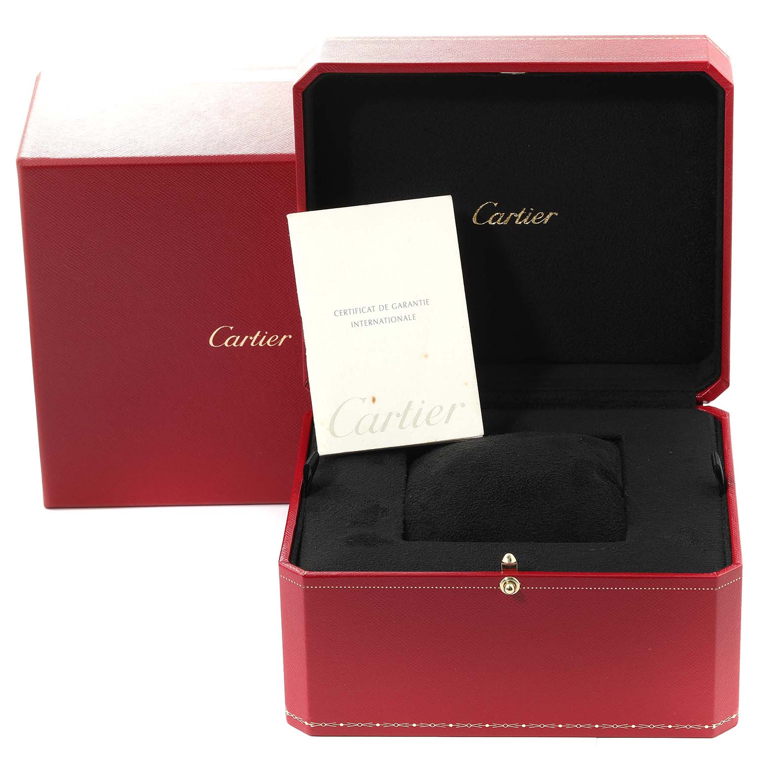 The image shows the box packaging and certificate for the Cartier Tank Americaine WB7012K2 Women's Yellow Gold Silver Dial WB7012K2 Women's Yellow Gold Silver Dial watch, viewed from the front.
