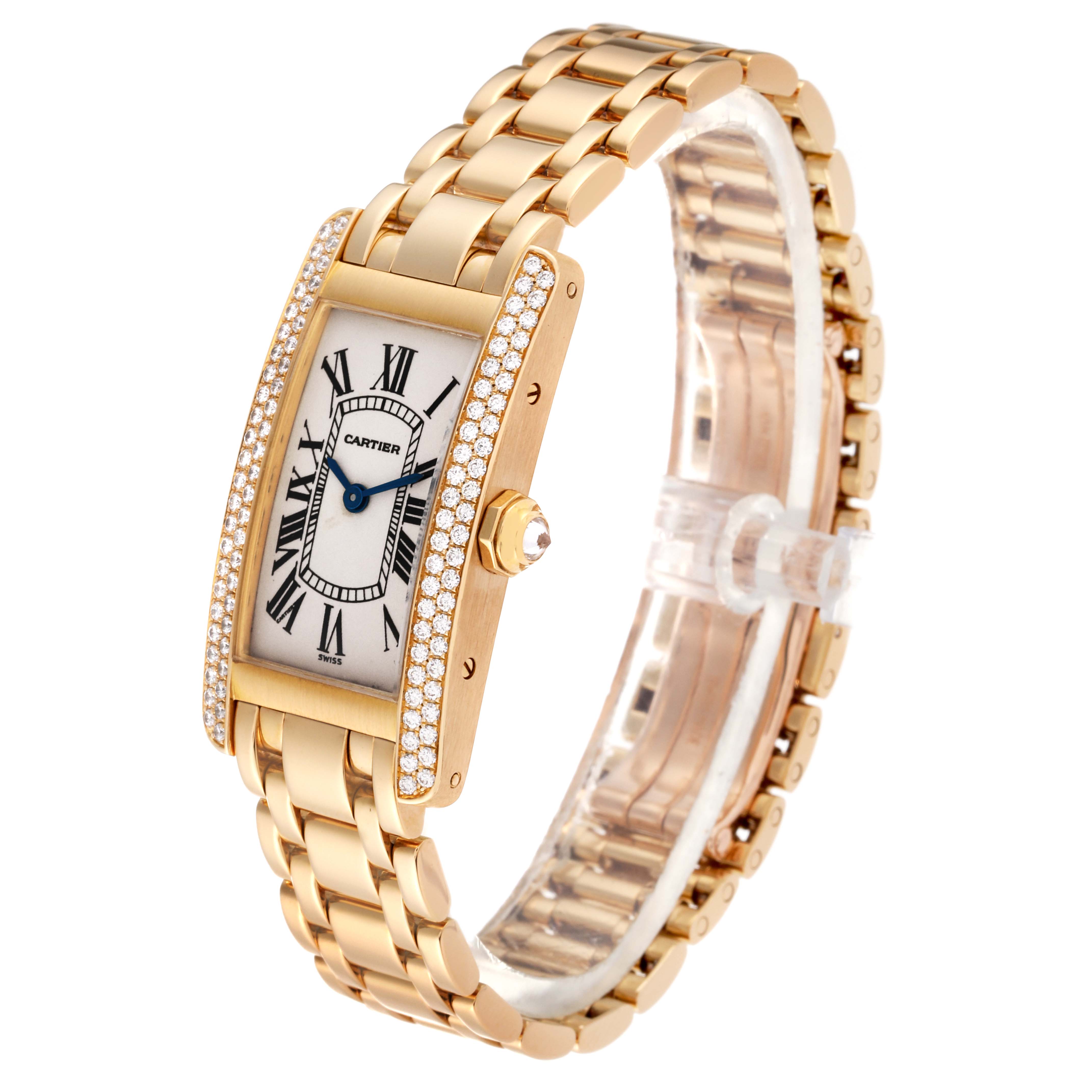 The Cartier Tank Americaine WB7012K2 Women's Yellow Gold Silver Dial WB7012K2 Women's Yellow Gold Silver Dial model watch is shown at a three-quarter angle, displaying the face, bracelet, and side view.