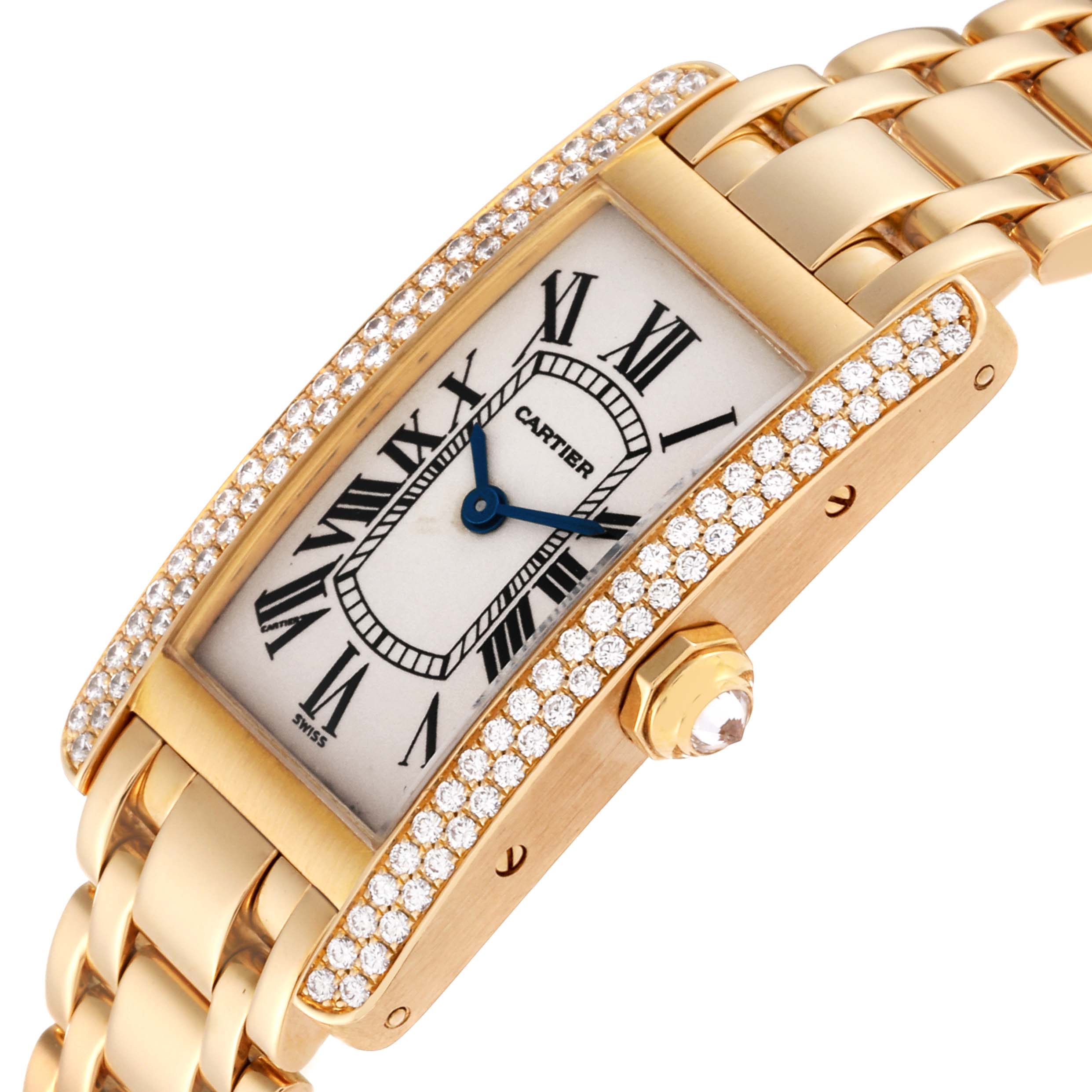 The image shows a close-up angle of the Cartier Tank Americaine WB7012K2 Women's Yellow Gold Silver Dial WB7012K2 Women's Yellow Gold Silver Dial watch, highlighting its gold bracelet, diamond bezel, and dial with Roman numerals.