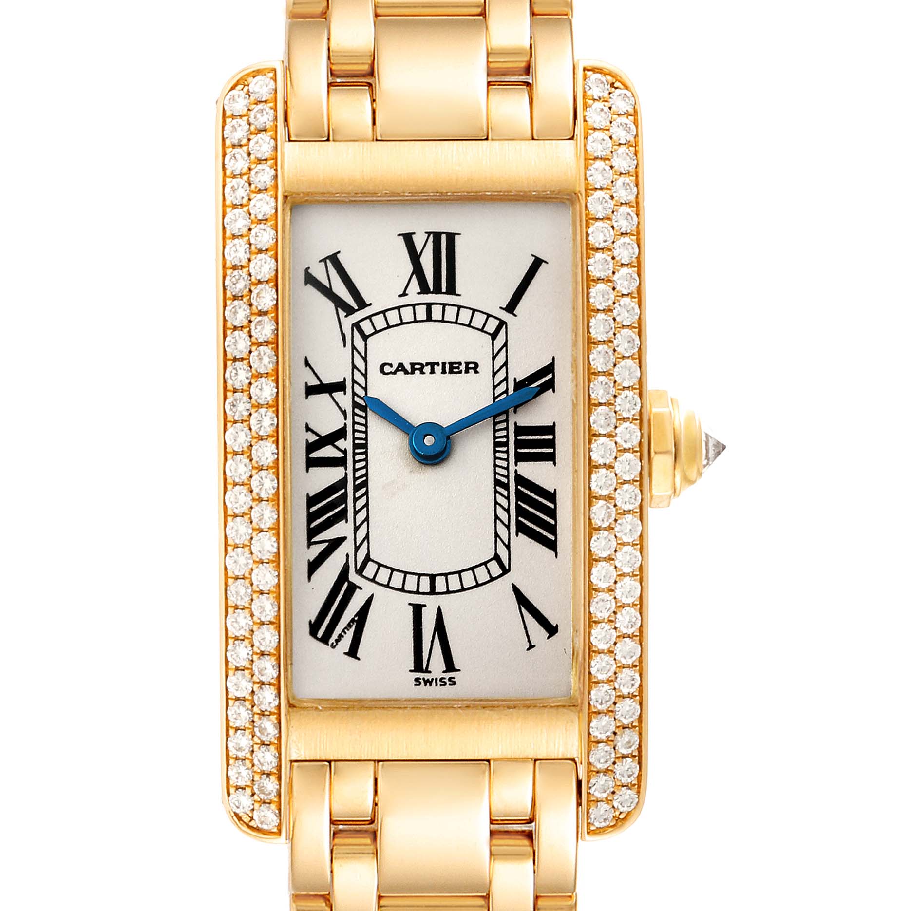 The image shows a close-up of the face and bracelet of a Cartier Tank Americaine WB7012K2 Women's Yellow Gold Silver Dial WB7012K2 Women's Yellow Gold Silver Dial watch, emphasizing the dial, bezel, and crown.