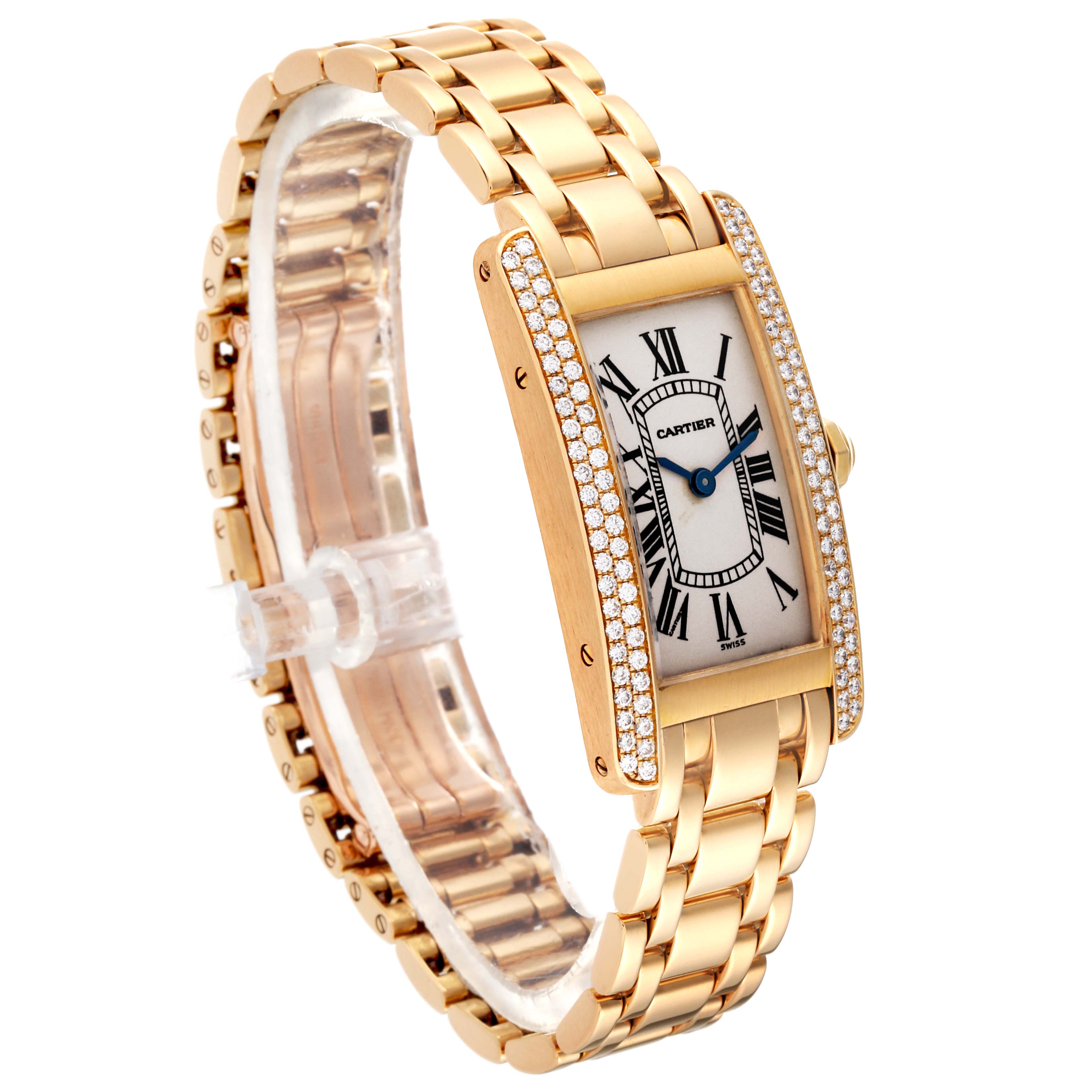 The image shows a Cartier Tank Americaine WB7012K2 Women's Yellow Gold Silver Dial WB7012K2 Women's Yellow Gold Silver Dial watch from a front, angled perspective, highlighting the face, strap, and diamond accents.