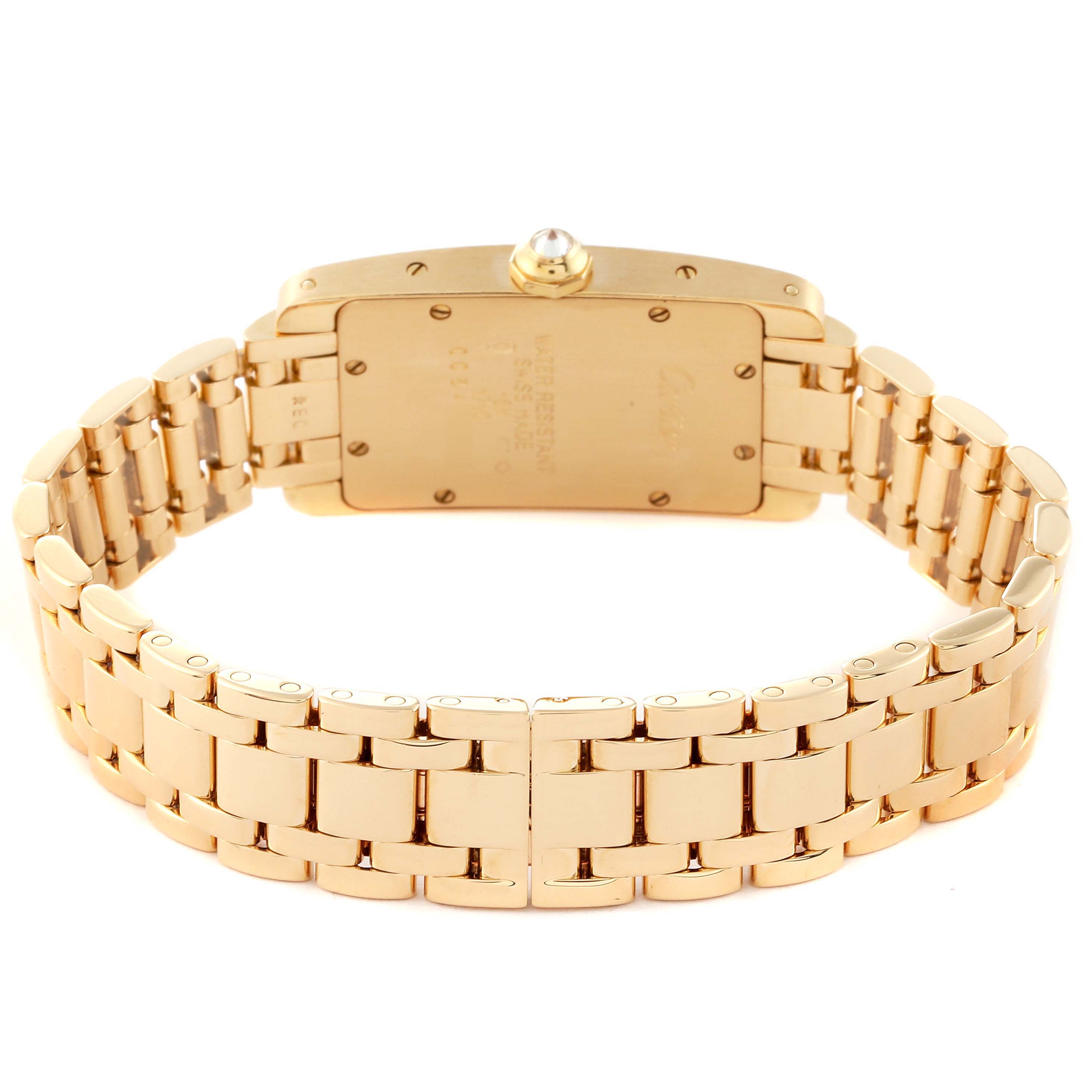 The image shows the back view of a Cartier Tank Americaine WB7012K2 Women's Yellow Gold Silver Dial WB7012K2 Women's Yellow Gold Silver Dial watch, highlighting the case back and bracelet.