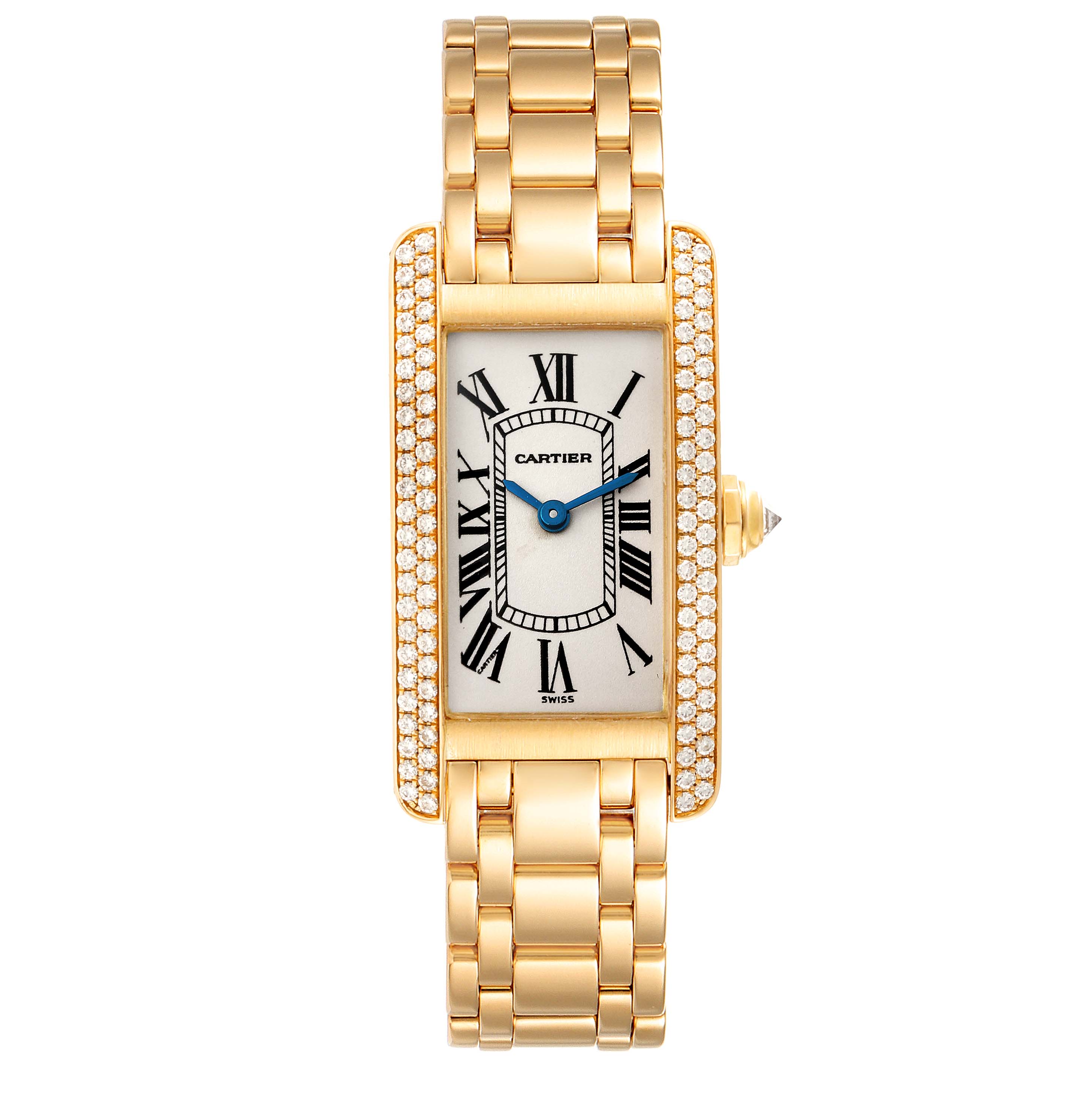 This Cartier Tank Americaine WB7012K2 Women's Yellow Gold Silver Dial WB7012K2 Women's Yellow Gold Silver Dial watch is shown from the front, displaying the face, Roman numerals, blue hands, and gold bracelet.