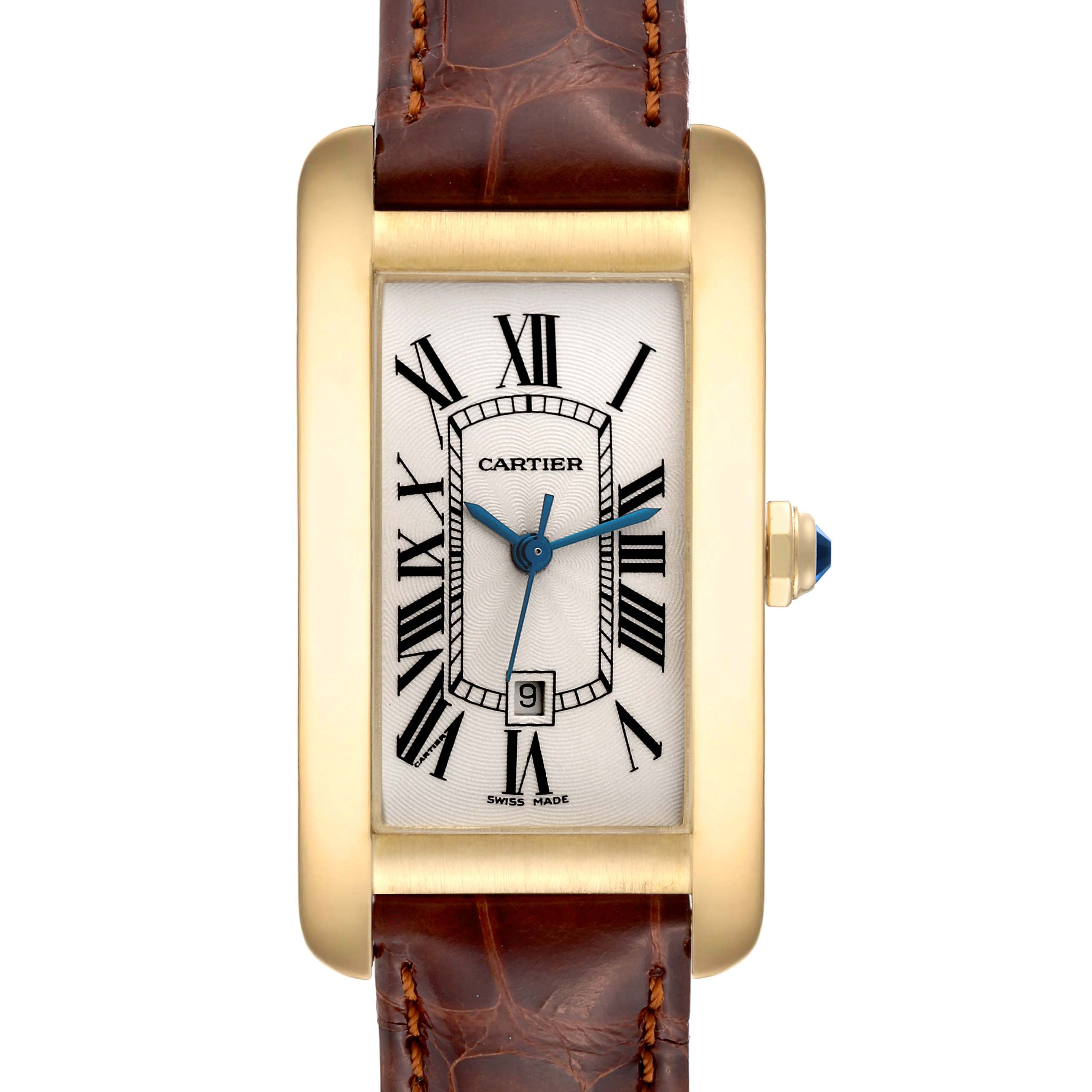The image shows a Cartier Tank Americaine W2603556 Men's Yellow Gold Silver Dial W2603556 Men's Yellow Gold Silver Dial watch from a front angle, highlighting its face, strap, and gold case.