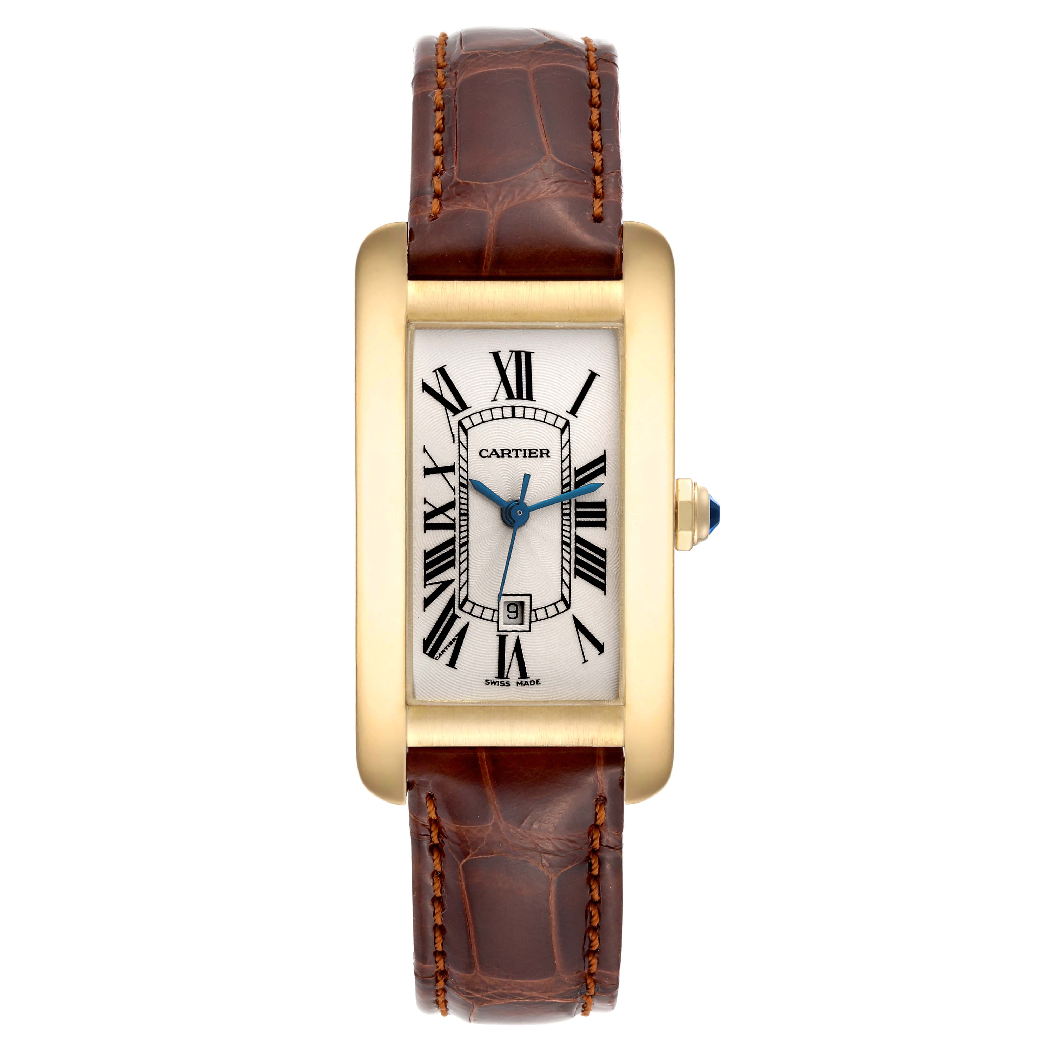 The image shows a Tank Americaine model by Cartier from a straight-on angle, highlighting the face, bezel, and brown leather strap.