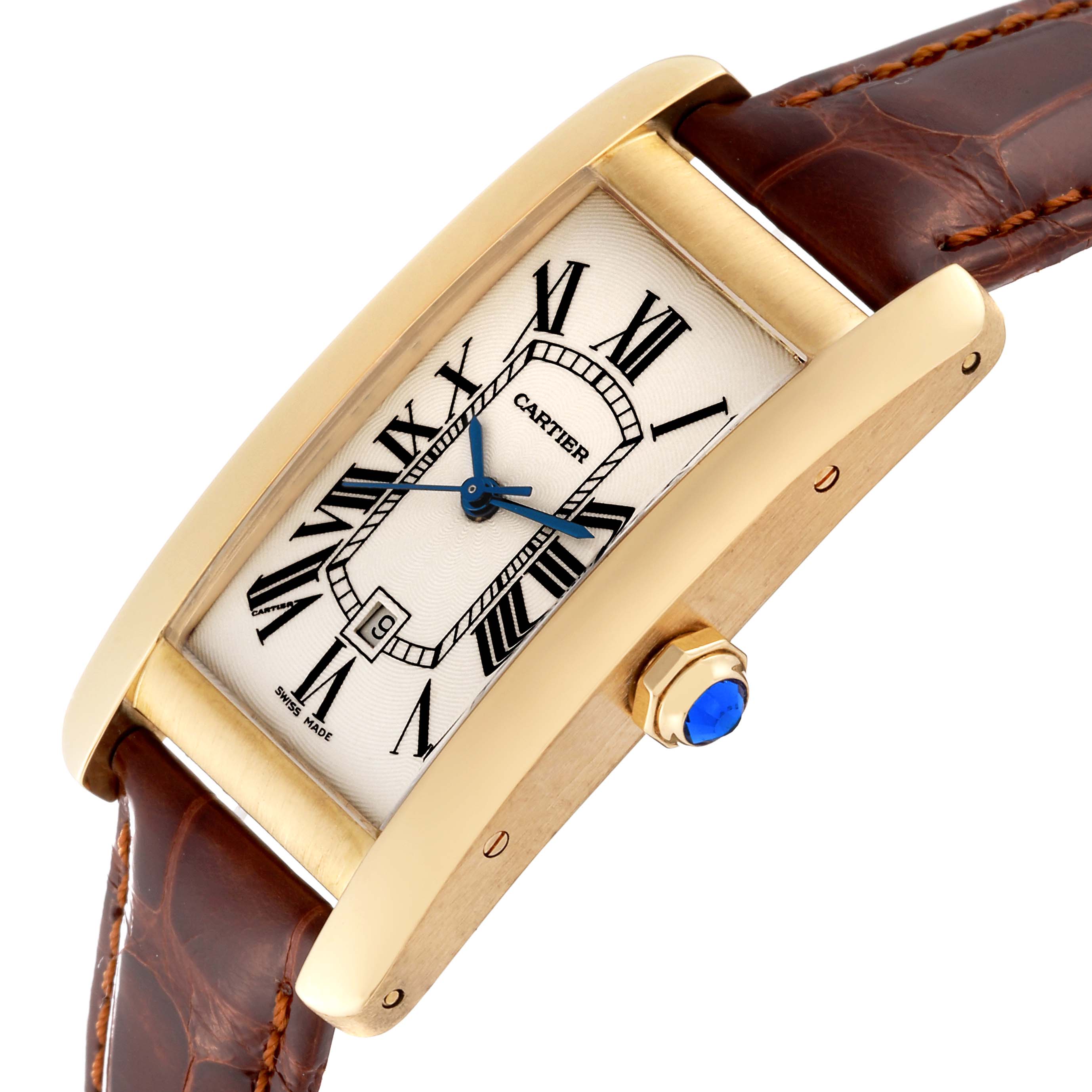 The image shows a Cartier Tank Américaine watch at a tilted angle, highlighting the gold case, dial, and brown leather strap.