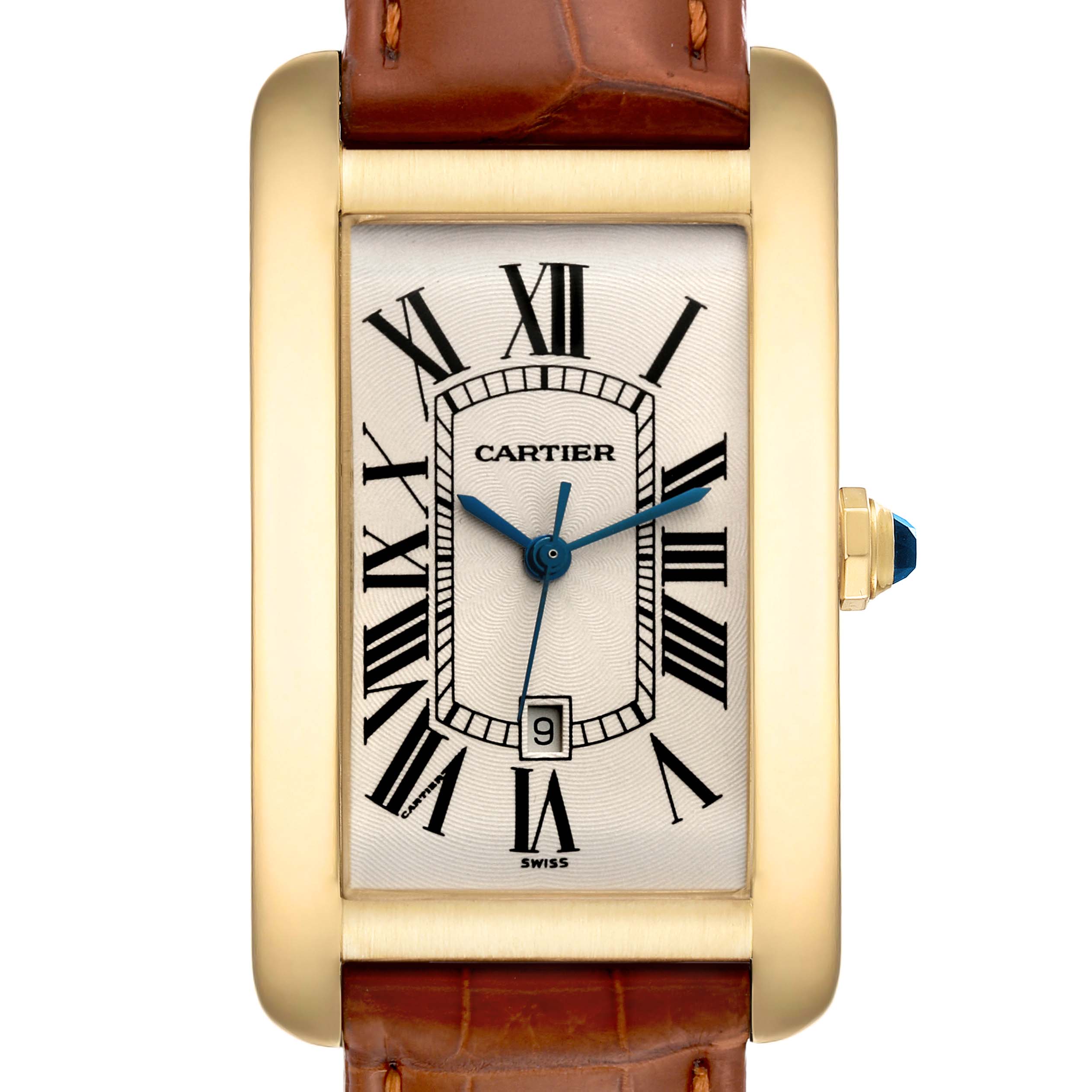 The image shows a front view of the Cartier Tank Americaine W2603156 Men's Yellow Gold Silver Dial W2603156 Men's Yellow Gold Silver Dial watch, highlighting the rectangular face, Roman numerals, blue hands, and leather strap.