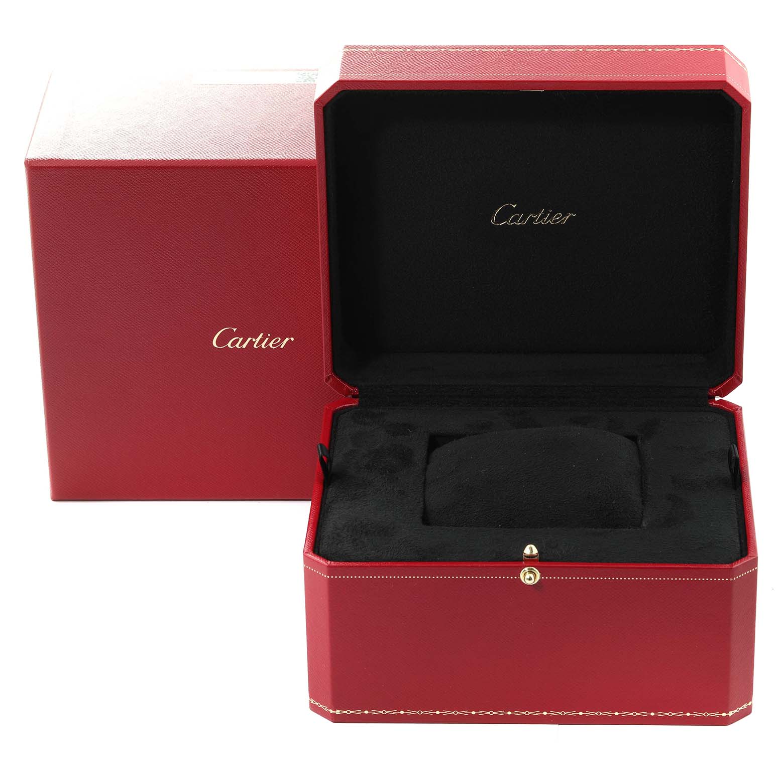 The image shows an open red Cartier watch box, displaying the interior designed to hold the Tank Américaine model watch.