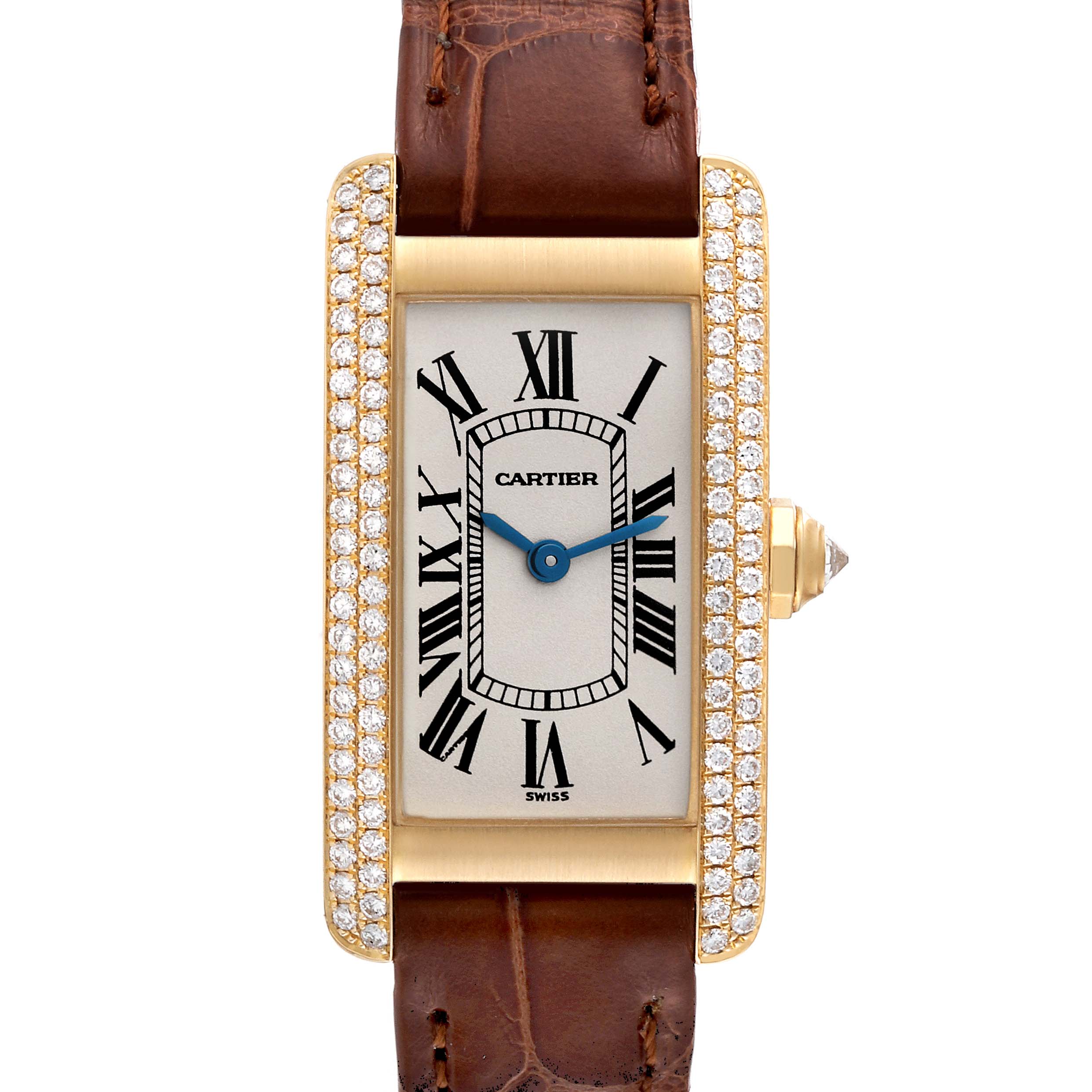 The image shows a front view of the Cartier Tank Americaine WB701251 Women's Yellow Gold Silver Dial WB701251 Women's Yellow Gold Silver Dial watch, highlighting the dial, leather strap, and diamond-set bezel.