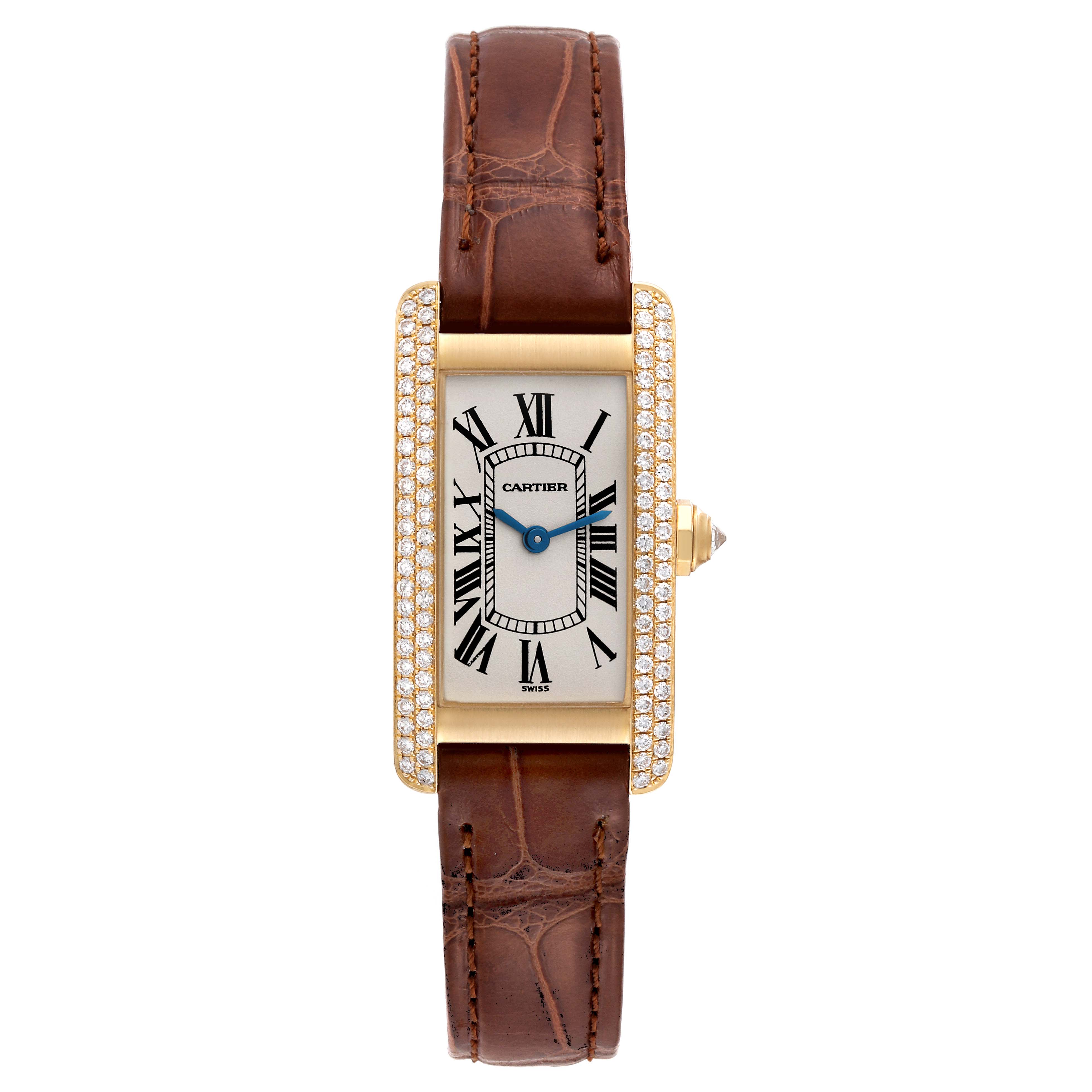 The Cartier Tank Americaine WB701251 Women's Yellow Gold Silver Dial WB701251 Women's Yellow Gold Silver Dial watch is shown from a top view, displaying the face, bezel, and brown leather strap.