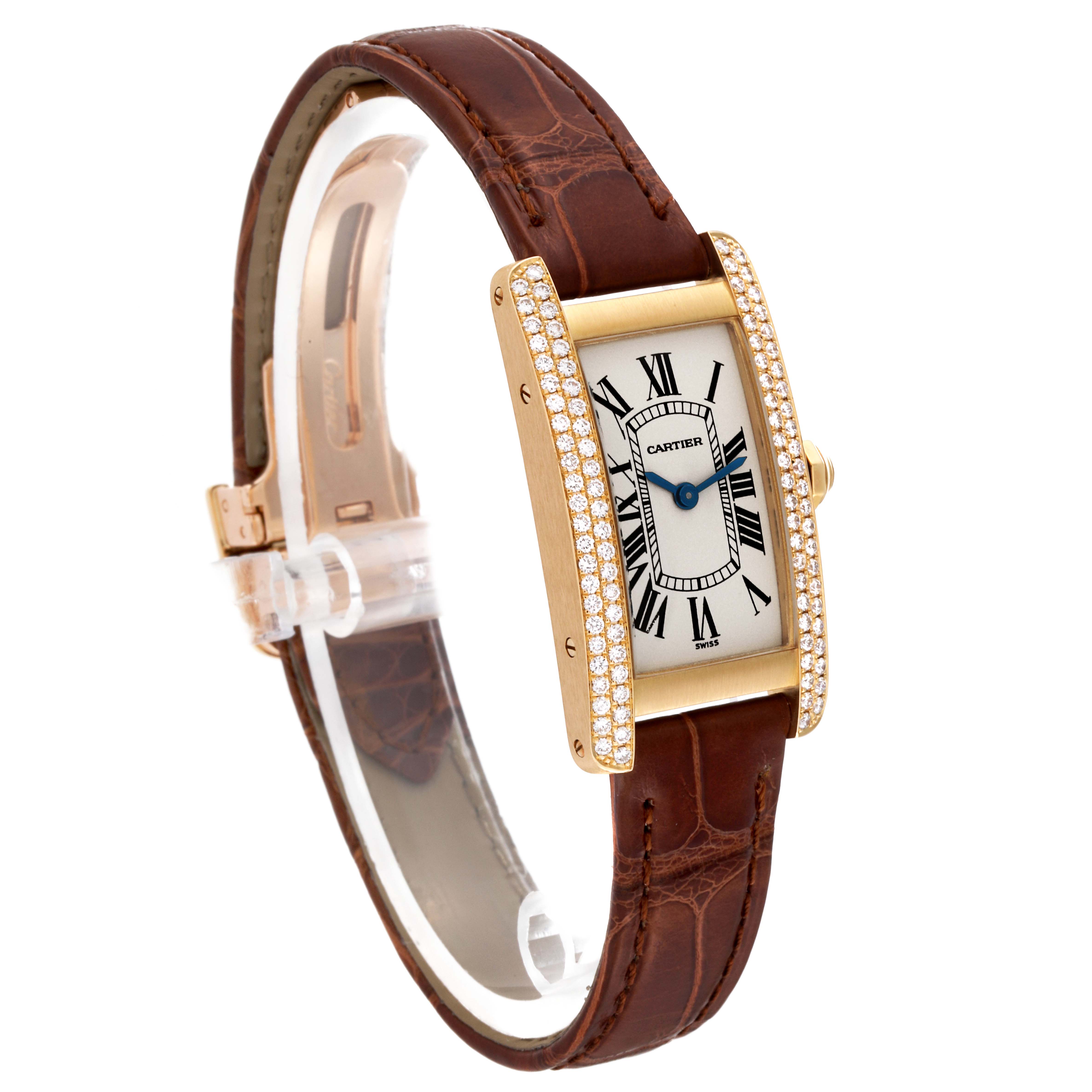 The Cartier Tank Americaine WB701251 Women's Yellow Gold Silver Dial WB701251 Women's Yellow Gold Silver Dial watch is shown at a three-quarter angle, displaying the face, strap, and jeweled bezel.