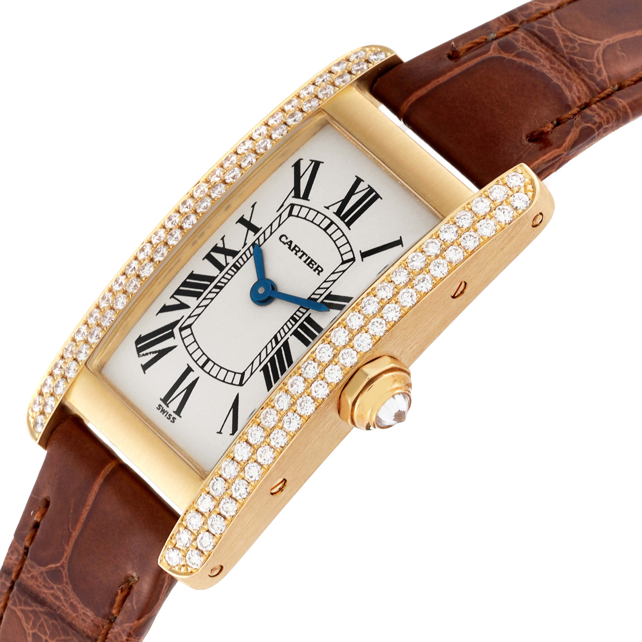This image shows a Cartier Tank Americaine WB701251 Women's Yellow Gold Silver Dial WB701251 Women's Yellow Gold Silver Dial watch at an angled view, highlighting its diamond-encrusted bezel, brown leather strap, and Roman numeral dial.