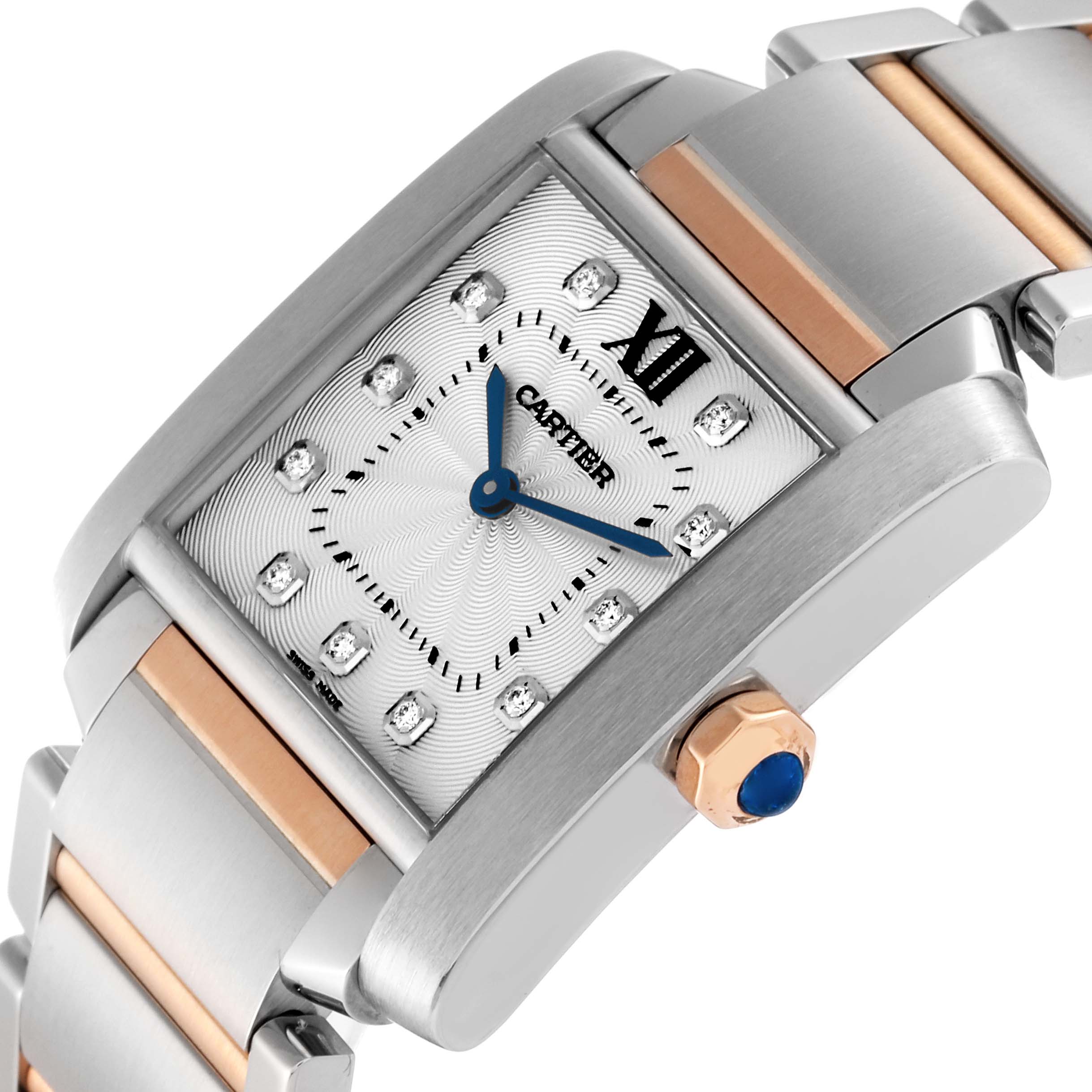 The Cartier Tank Française watch is shown from a diagonal angle highlighting its face, crown, and part of the bracelet.