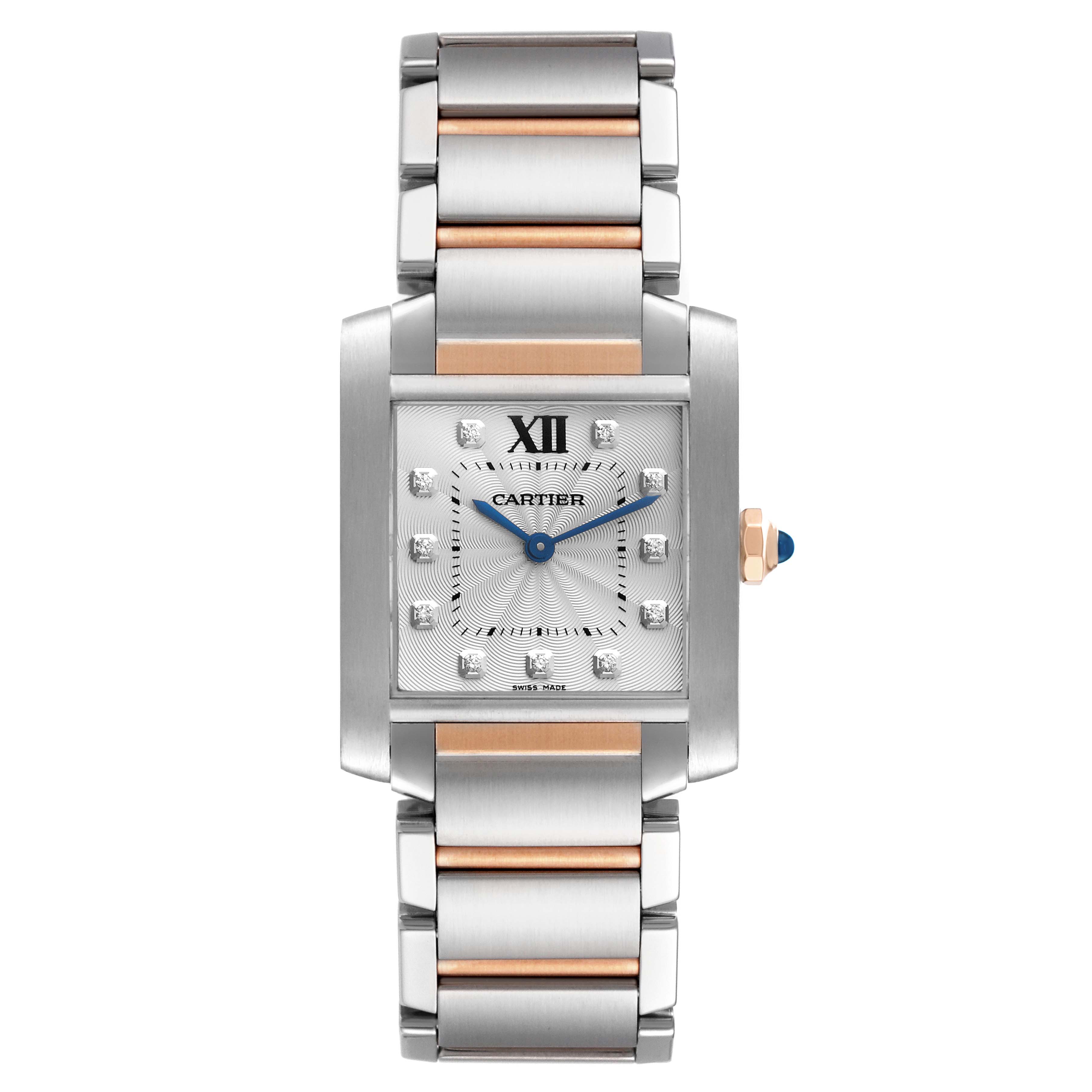 The Cartier Tank Francaise WE110005 Women's Steel and Gold (two tone) Silver Dial WE110005 Women's Steel and Gold (two tone) Silver Dial watch is shown from a top view, depicting its rectangular face, metal bracelet, and signature blue hands.