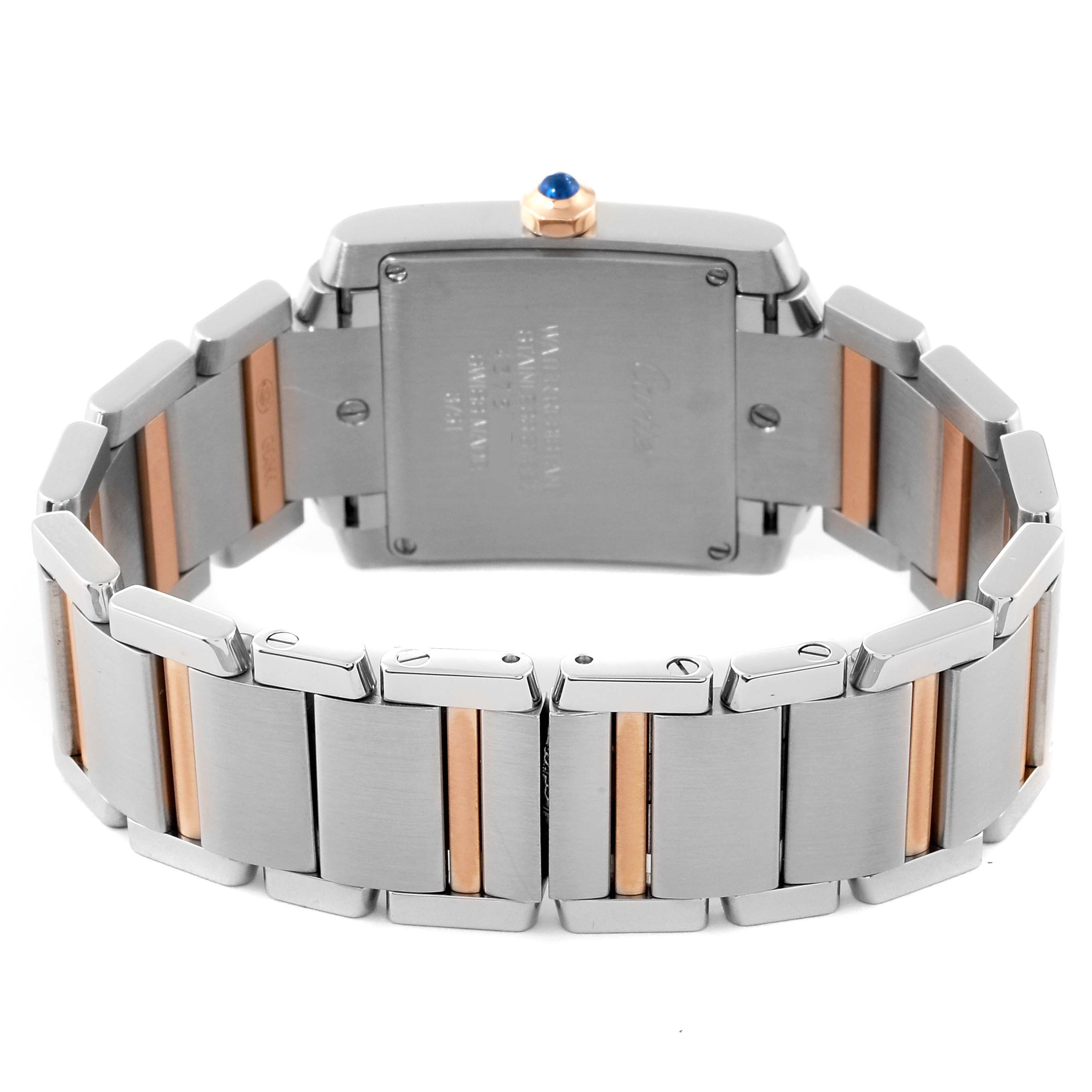 The image shows the back view of a Cartier Tank Francaise WE110005 Women's Steel and Gold (two tone) Silver Dial WE110005 Women's Steel and Gold (two tone) Silver Dial watch, highlighting its caseback and metal bracelet with rose gold accents.