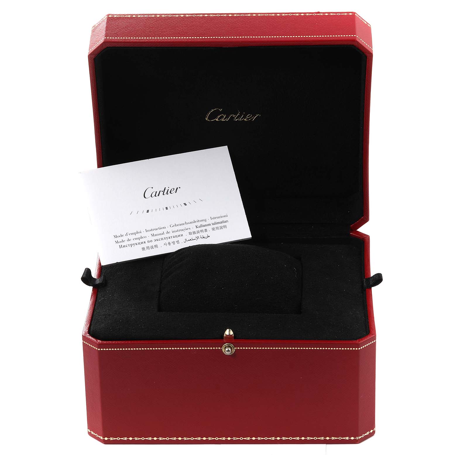 This image shows a Cartier Tank Francaise WE110005 Women's Steel and Gold (two tone) Silver Dial WE110005 Women's Steel and Gold (two tone) Silver Dial watch box, open with a black interior and a warranty card inside.