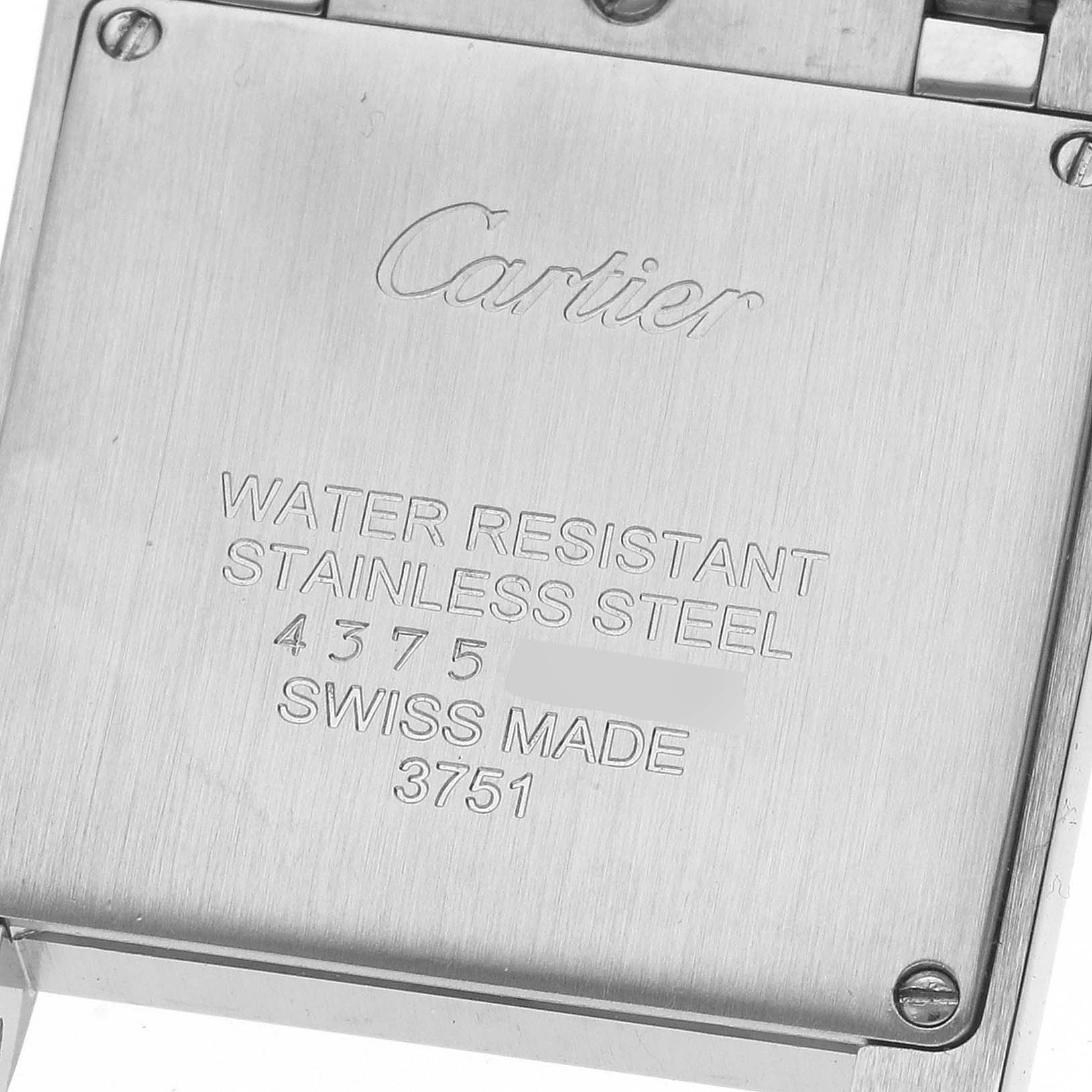 This image shows the back case of a Cartier Tank Francaise WE110005 Women's Steel and Gold (two tone) Silver Dial WE110005 Women's Steel and Gold (two tone) Silver Dial watch, detailing its water resistance, material, and Swiss origin.