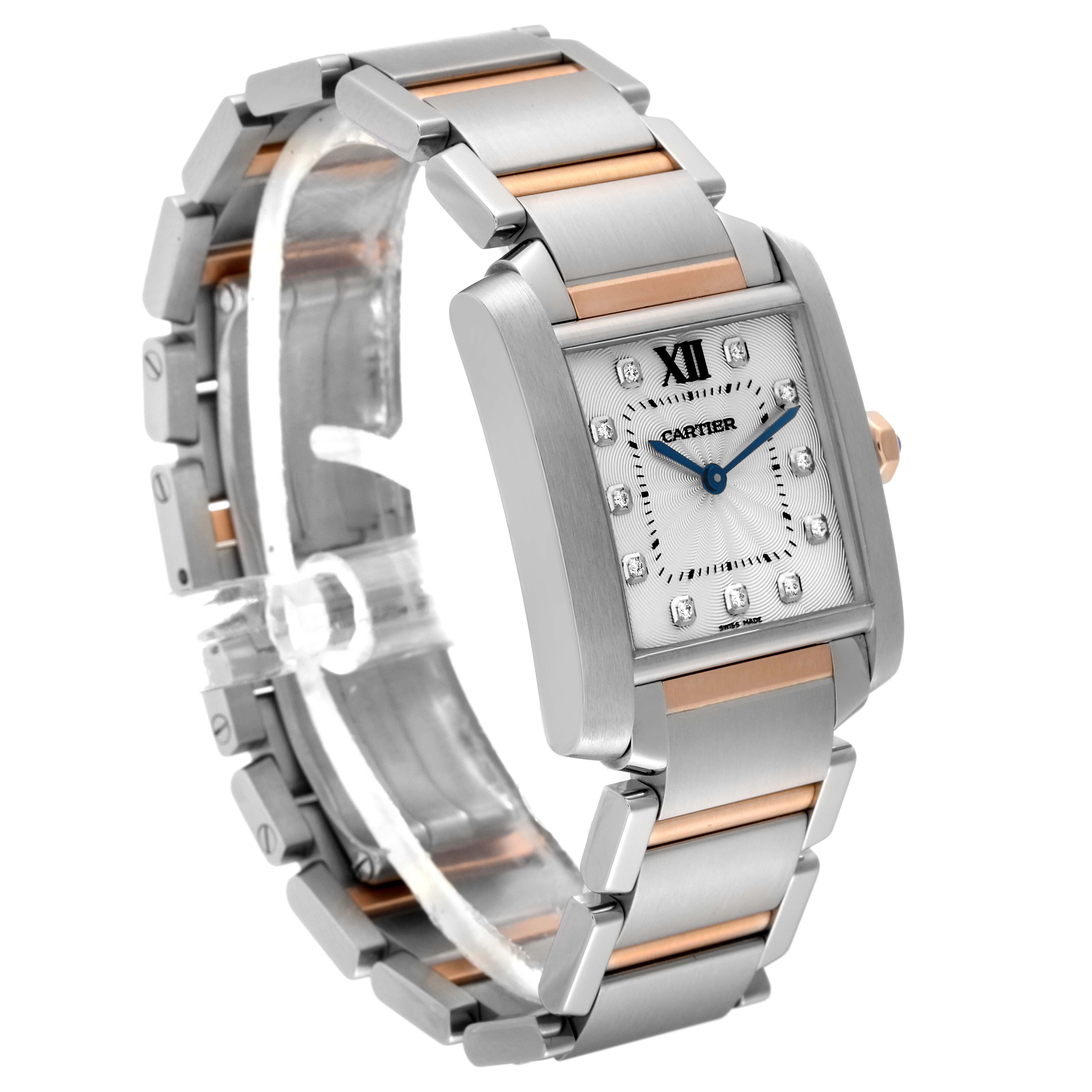 The image shows a Cartier Tank Francaise WE110005 Women's Steel and Gold (two tone) Silver Dial WE110005 Women's Steel and Gold (two tone) Silver Dial watch at a three-quarter angle, highlighting the bracelet and the face with blue hands.