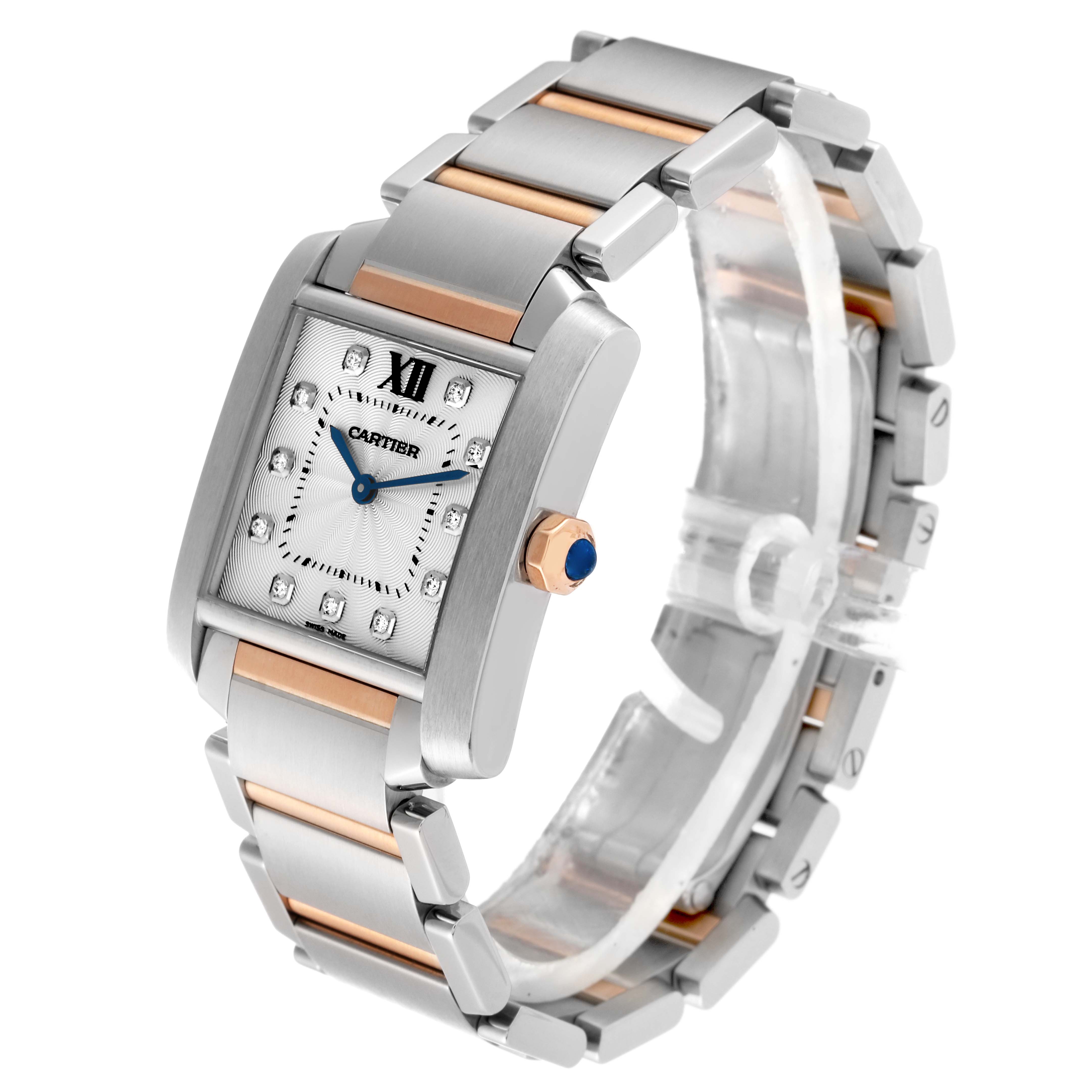 The image shows a Cartier Tank Francaise WE110005 Women's Steel and Gold (two tone) Silver Dial WE110005 Women's Steel and Gold (two tone) Silver Dial watch at a three-quarter angle, highlighting its face, bezel, and two-tone bracelet.