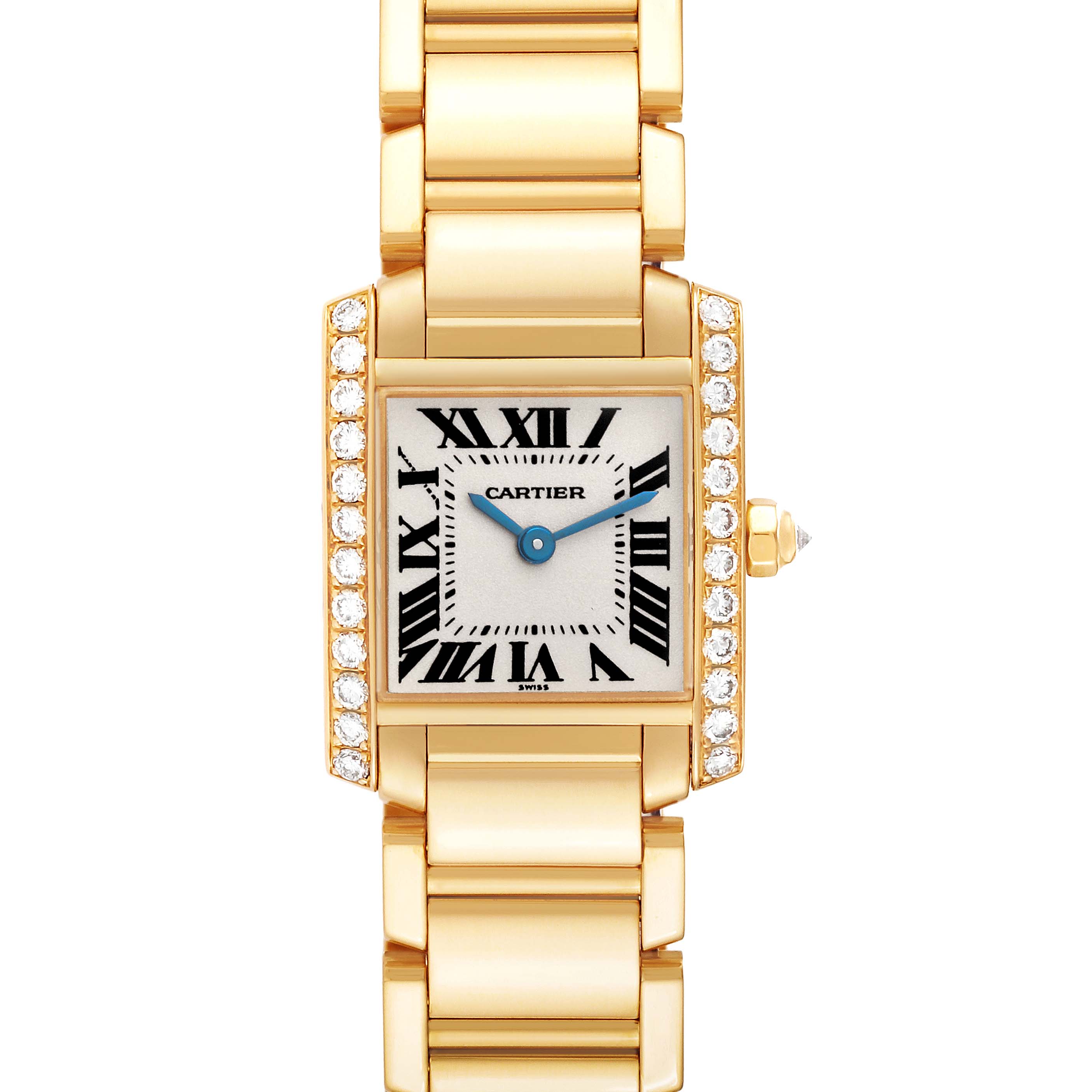 This image shows the front view of a Cartier Tank Française watch, highlighting its gold bracelet, Roman numeral dial, and diamond-set bezel.