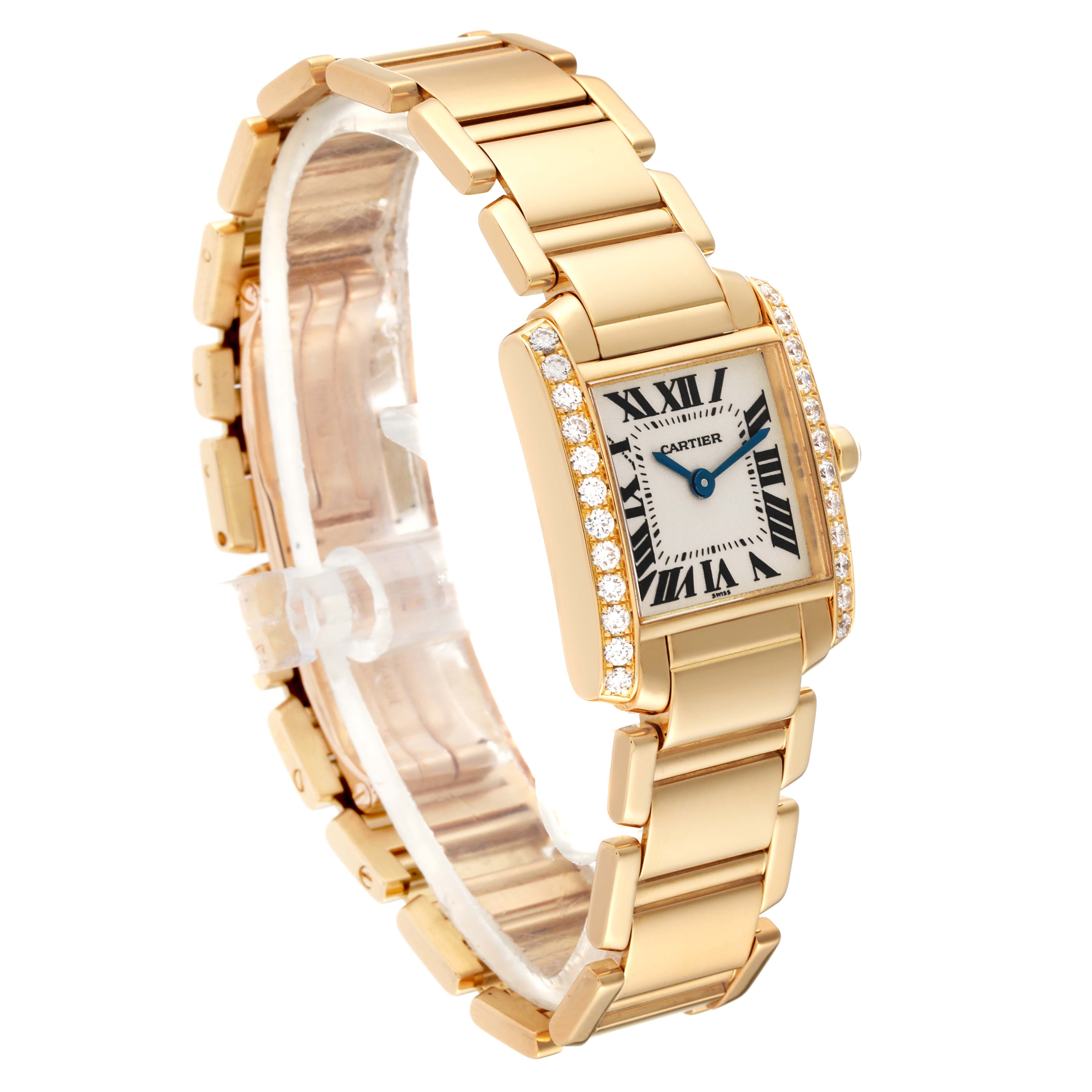 This image shows a Cartier Tank Française watch angled slightly from the front, highlighting the rectangular face and gold bracelet.