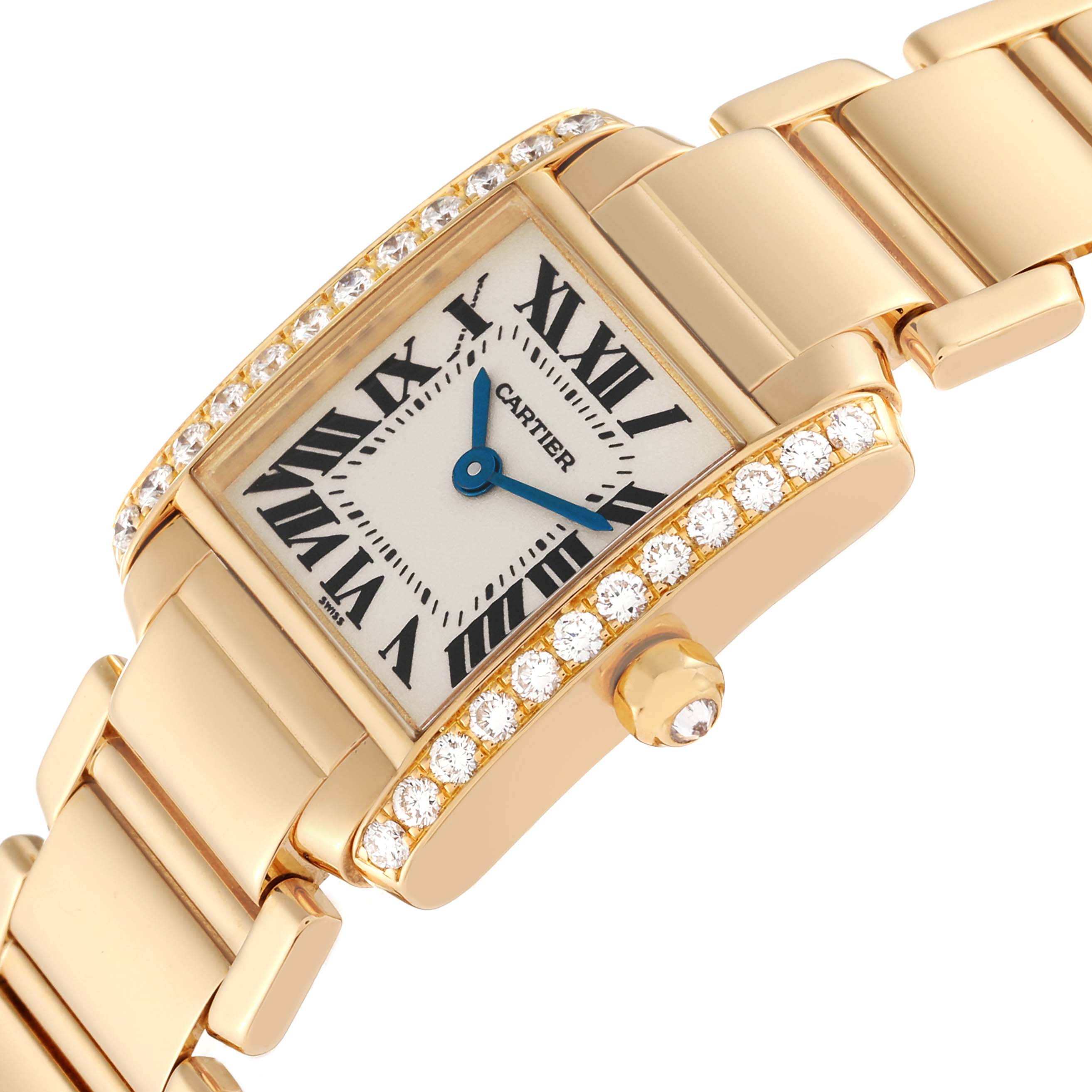 This image shows a close-up angled view of the dial, case, crown, and bracelet of a Cartier Tank Francaise WE1001R8 Women
s Yellow Gold Silver Dial WE1001R8 Women
s Yellow Gold Silver Dial watch.
