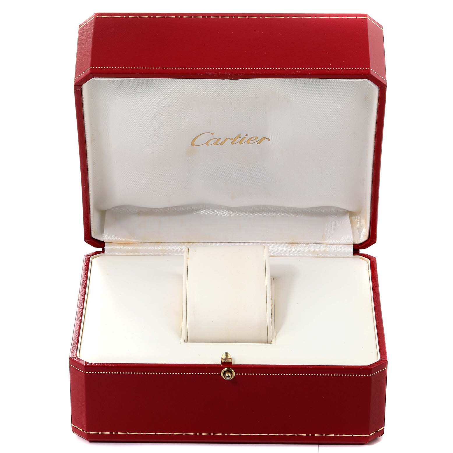 The image shows an open red Cartier box for the Tank Française model, displaying its interior watch holder.