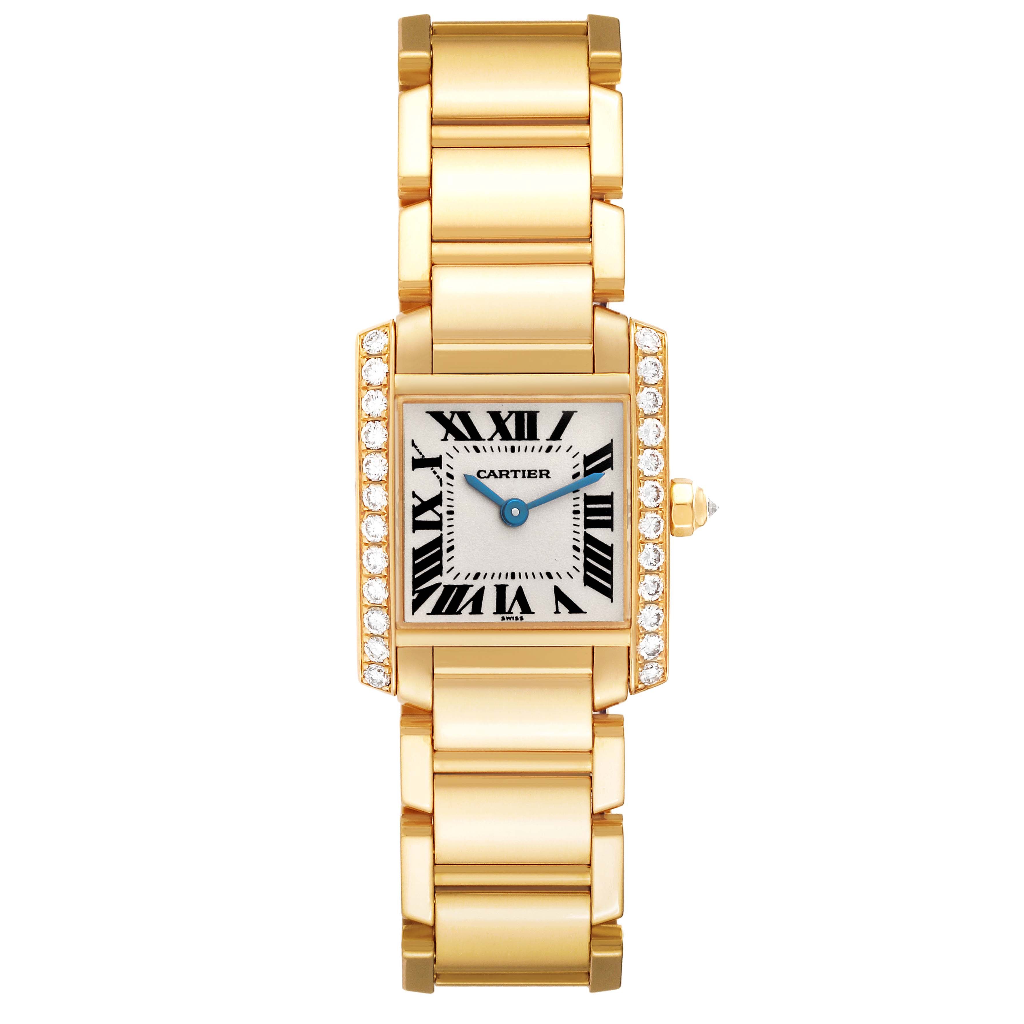 The image shows a front view of the Cartier Tank Francaise WE1001R8 Women
s Yellow Gold Silver Dial WE1001R8 Women
s Yellow Gold Silver Dial watch, displaying its gold bracelet, rectangular face, and diamond accents.