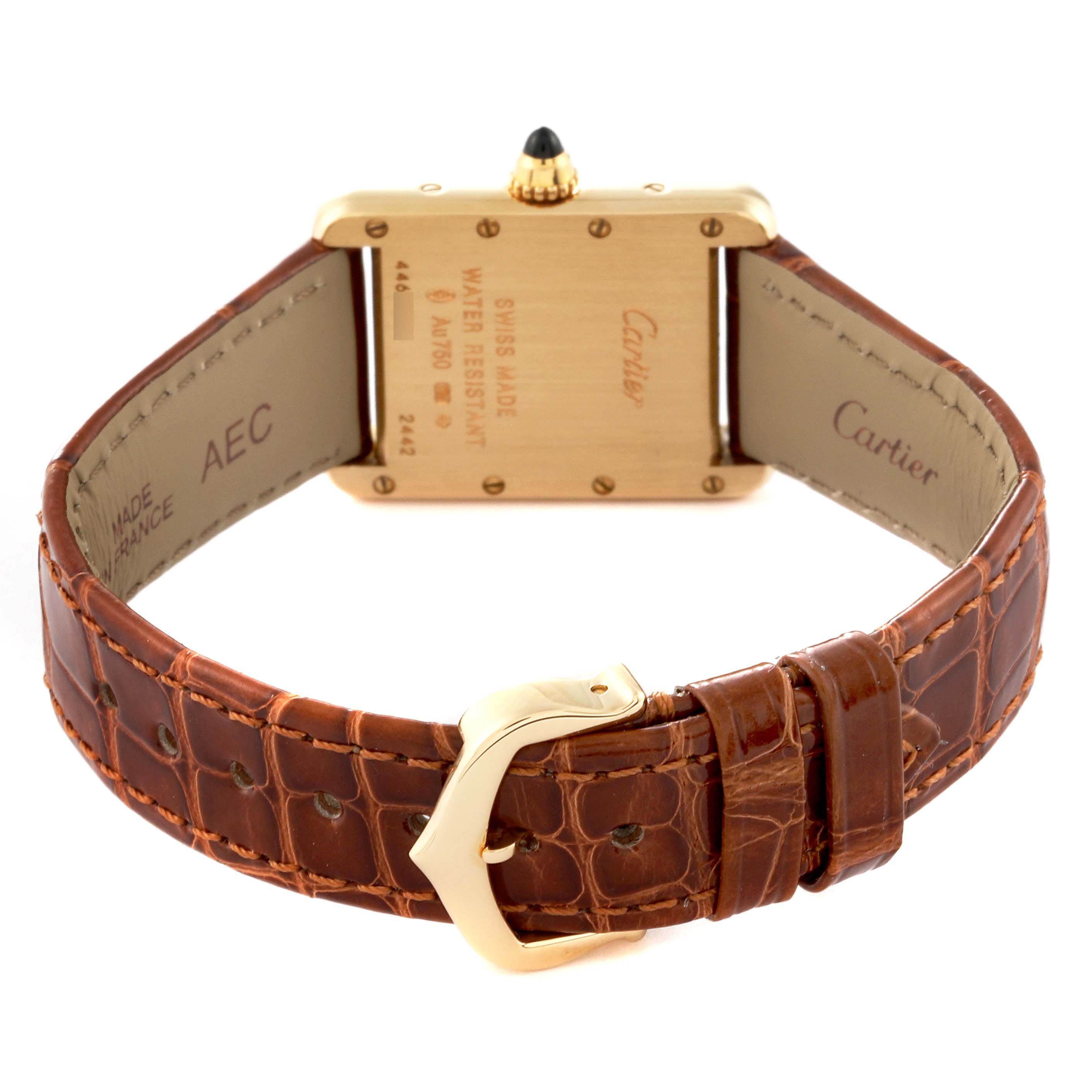 The image shows the back view of the Cartier Tank Louis W1529856 Women's Yellow Gold Silver Dial W1529856 Women's Yellow Gold Silver Dial model watch, highlighting its case back, crown, and leather strap.