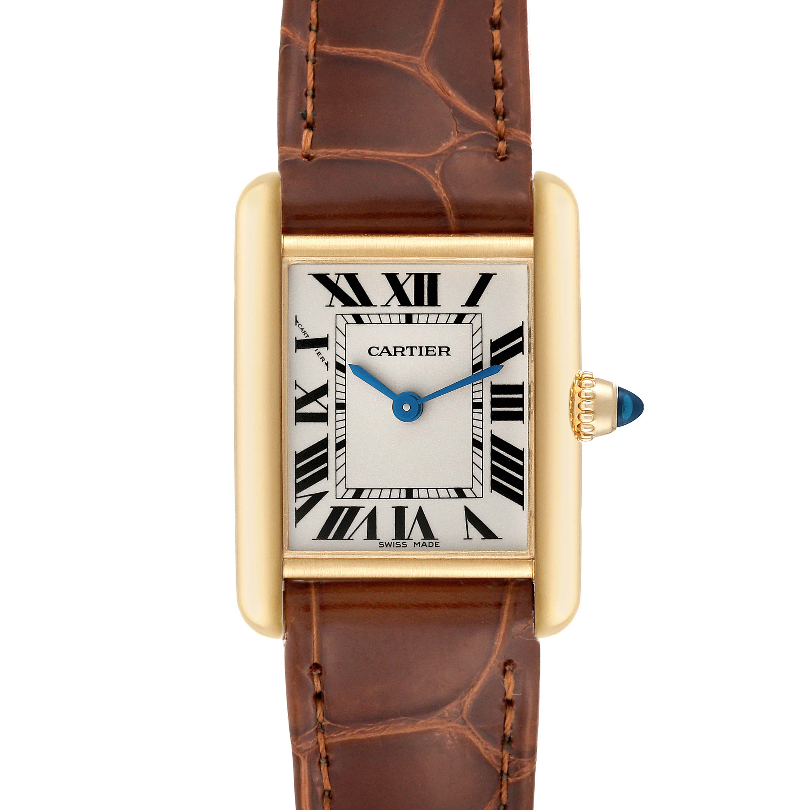 This image showcases a front view of a Cartier Tank Louis W1529856 Women's Yellow Gold Silver Dial W1529856 Women's Yellow Gold Silver Dial watch, displaying its gold rectangular case, brown leather strap, Roman numeral dial, and blue hands.