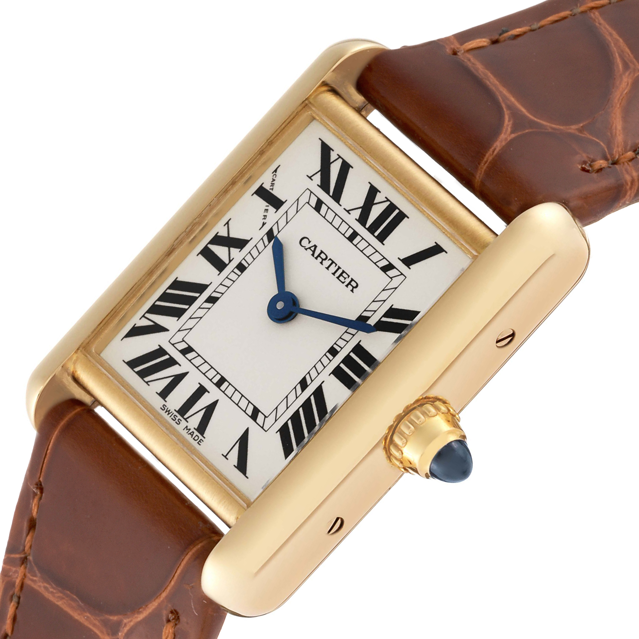 The image shows a Cartier Tank Louis W1529856 Women's Yellow Gold Silver Dial W1529856 Women's Yellow Gold Silver Dial watch from a top-down angle, highlighting its face, crown, and leather strap.