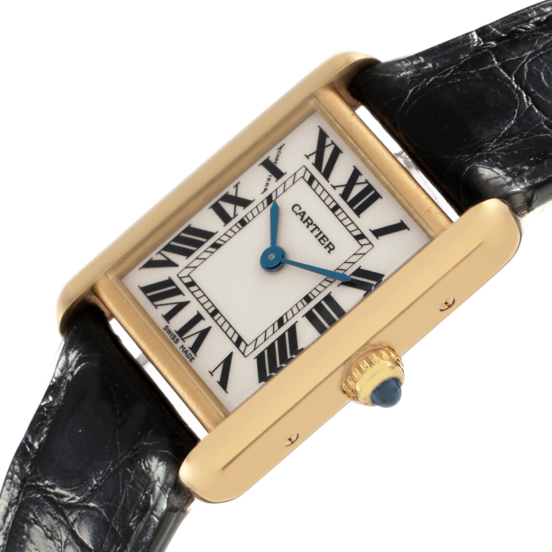 This image shows the Cartier Tank Louis W1529856 Women
s Yellow Gold Silver Dial W1529856 Women
s Yellow Gold Silver Dial watch at an angle, highlighting the face, crown, and strap.
