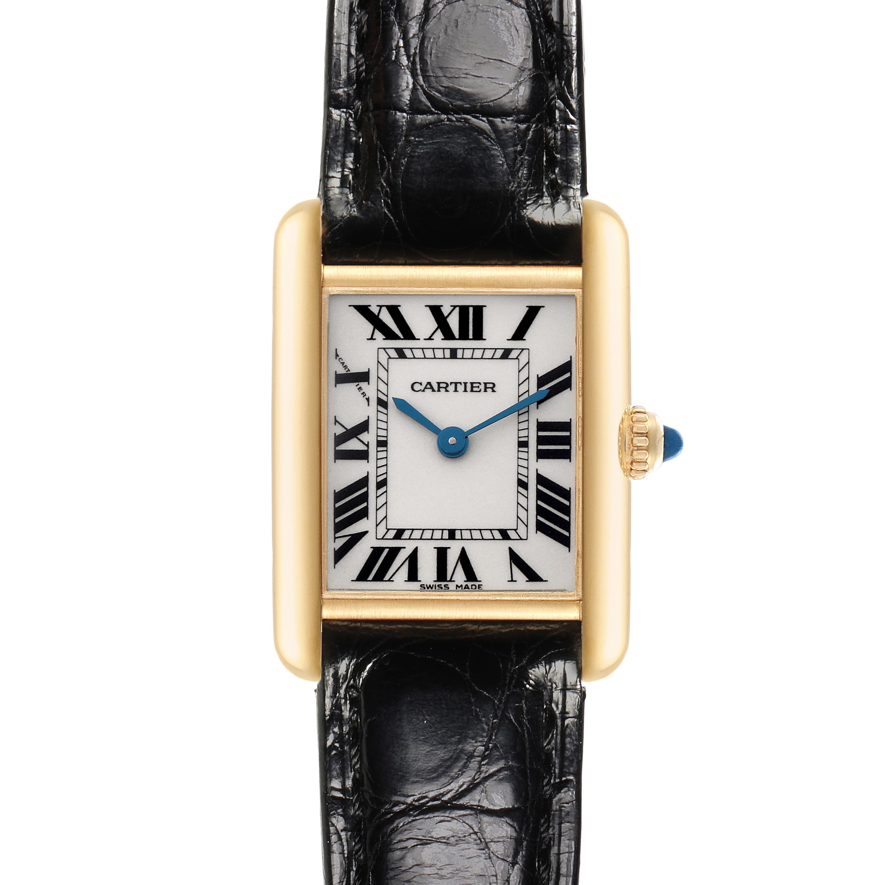 The Cartier Tank Louis W1529856 Women
s Yellow Gold Silver Dial W1529856 Women
s Yellow Gold Silver Dial watch is shown from the front, displaying its rectangular face, Roman numerals, and leather strap.