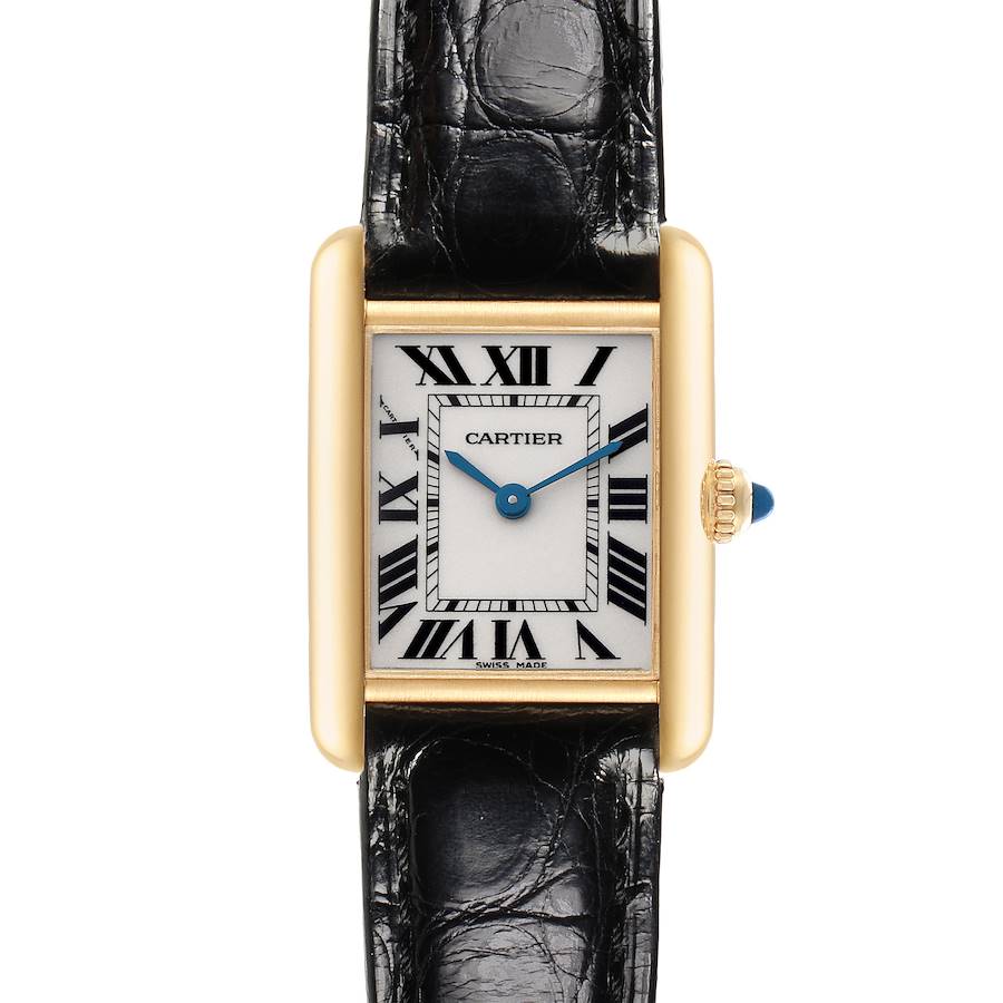 The Cartier Tank Louis watch is shown from the front, displaying its rectangular face, Roman numerals, and leather strap.