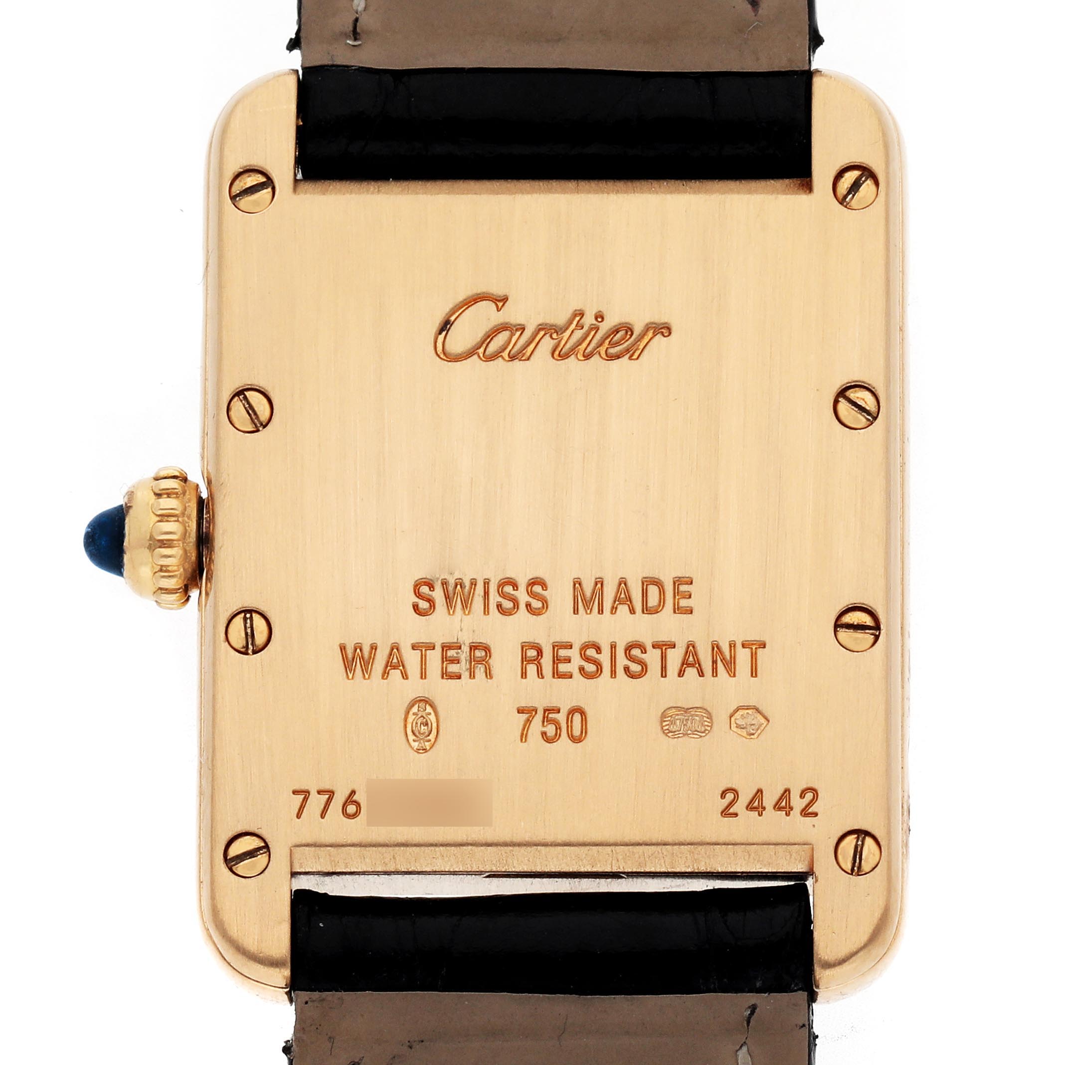 The image shows the back of a Cartier Tank Louis W1529856 Women
s Yellow Gold Silver Dial W1529856 Women
s Yellow Gold Silver Dial watch, highlighting inscriptions and the crown with a blue stone.