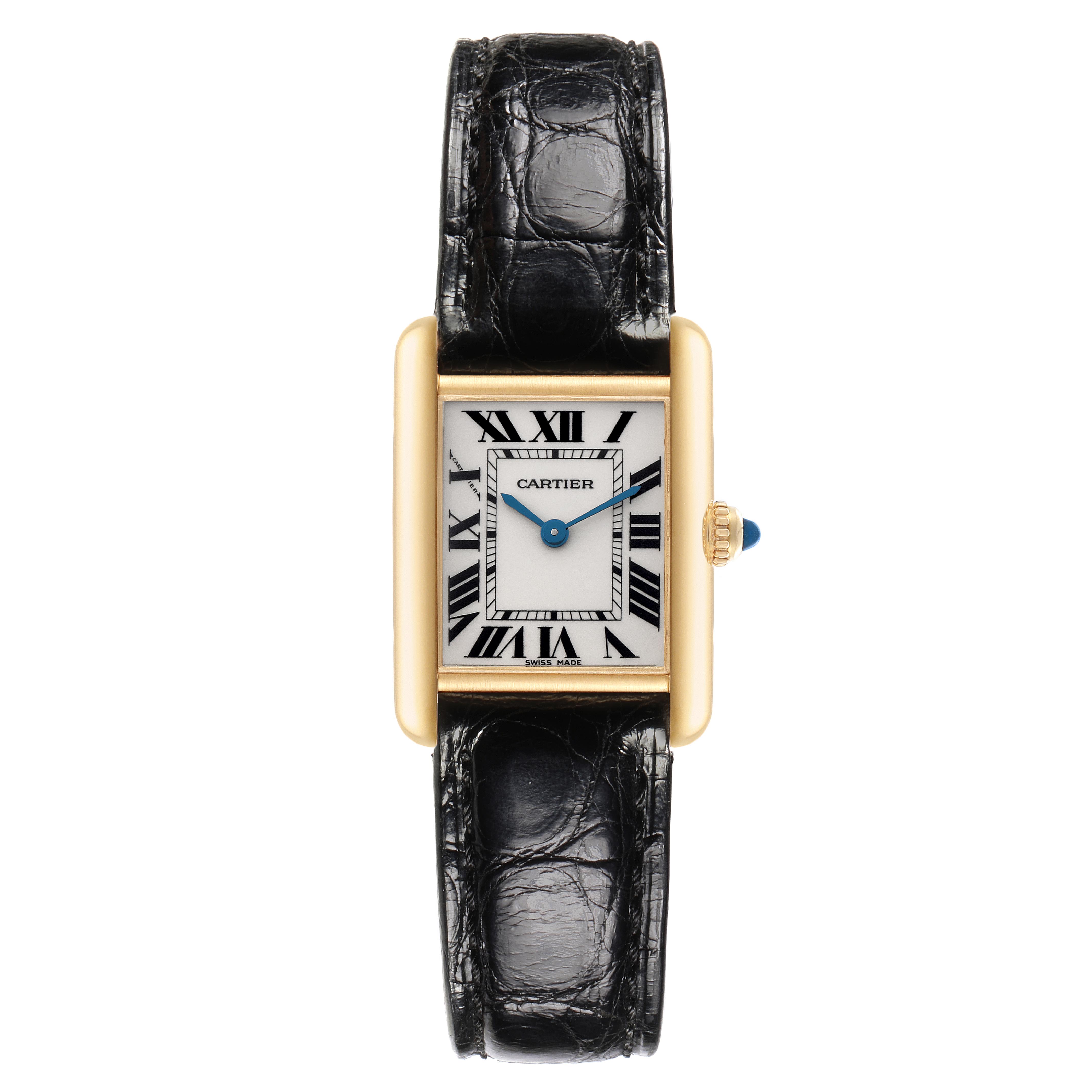 The Cartier Tank Louis W1529856 Women
s Yellow Gold Silver Dial W1529856 Women
s Yellow Gold Silver Dial watch is shown from a top-down angle, highlighting its rectangular face, gold case, and black leather strap.
