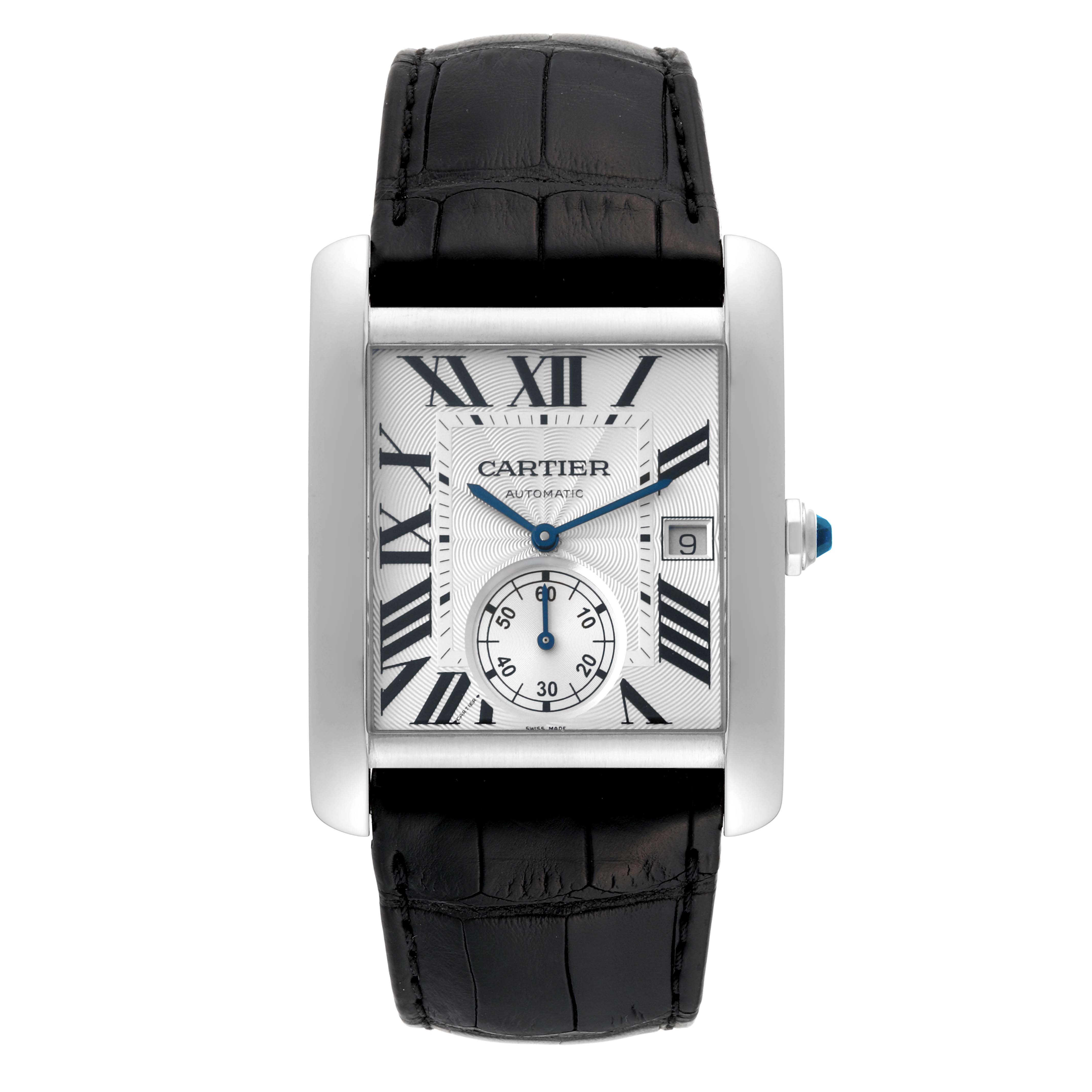 The Cartier Tank MC W5330003 Men
s Stainless Steel Silver Dial W5330003 Men
s Stainless Steel Silver Dial watch is shown from a top-down angle, featuring the face, strap, and crown.