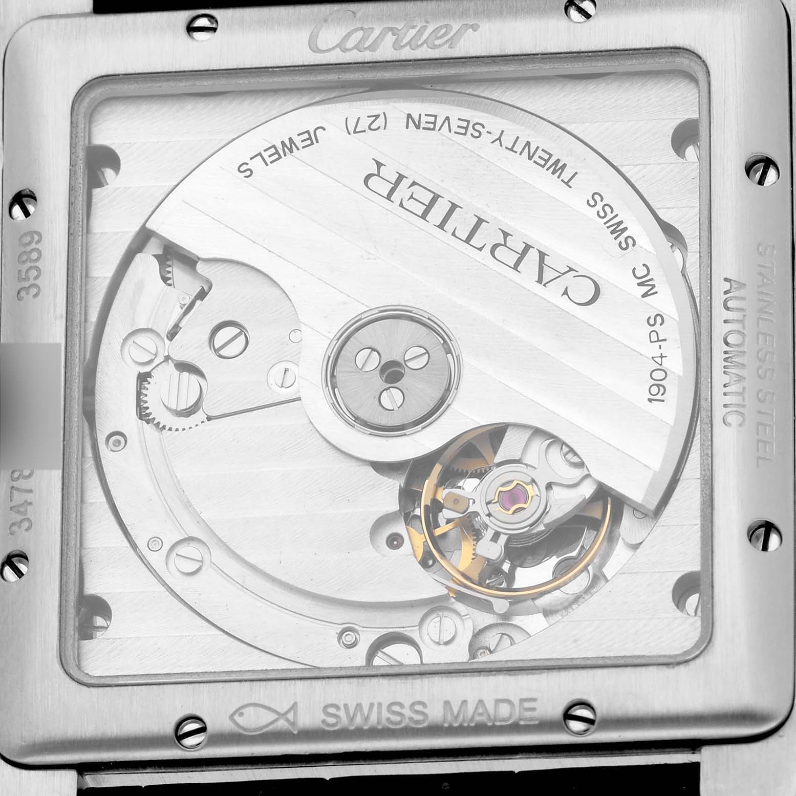 This image shows a close-up view of the movement mechanism and internal components of the Cartier Tank MC W5330003 Men
s Stainless Steel Silver Dial W5330003 Men
s Stainless Steel Silver Dial watch.