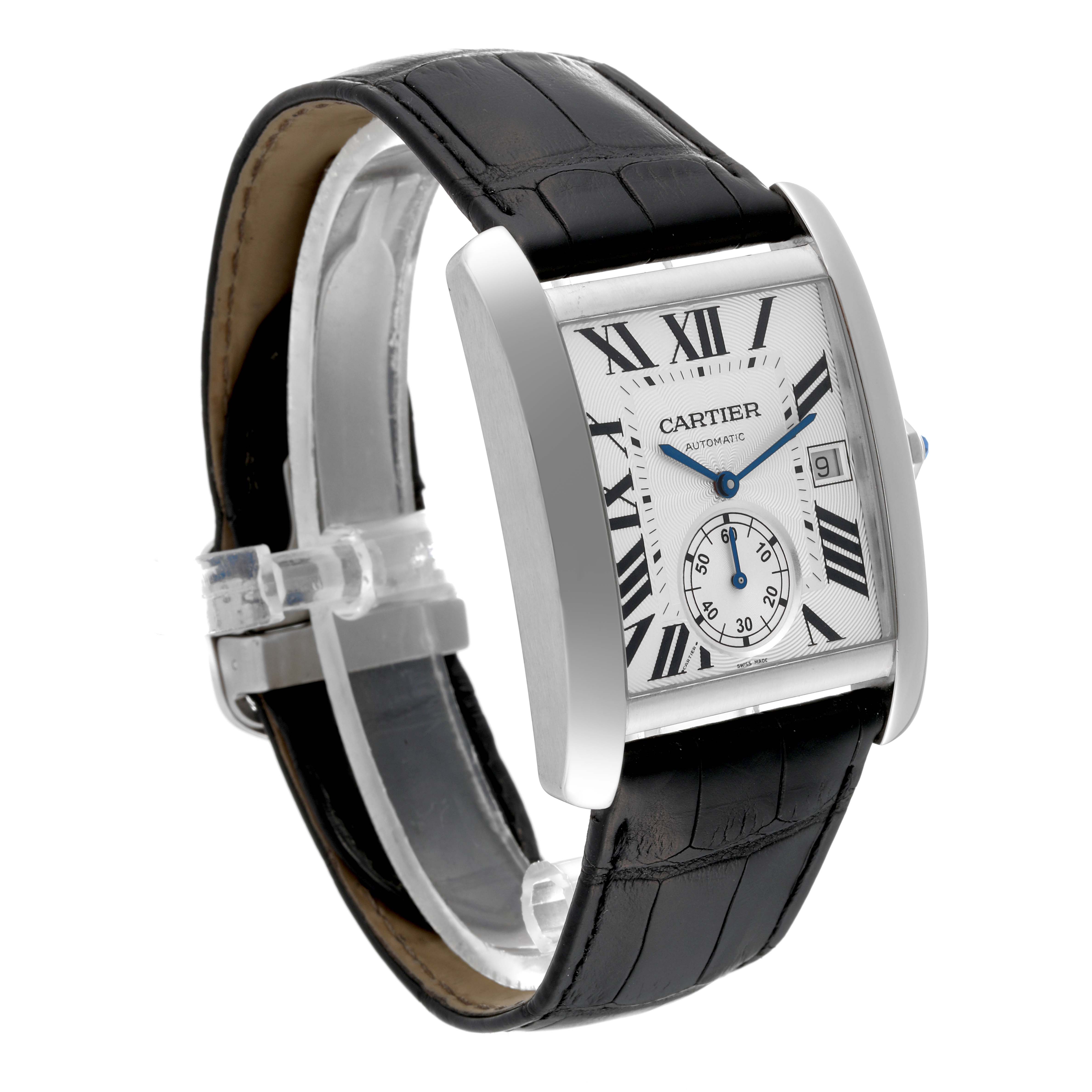 This image shows a Cartier Tank MC W5330003 Men
s Stainless Steel Silver Dial W5330003 Men
s Stainless Steel Silver Dial watch at an angle displaying the face, case, strap, and buckle.