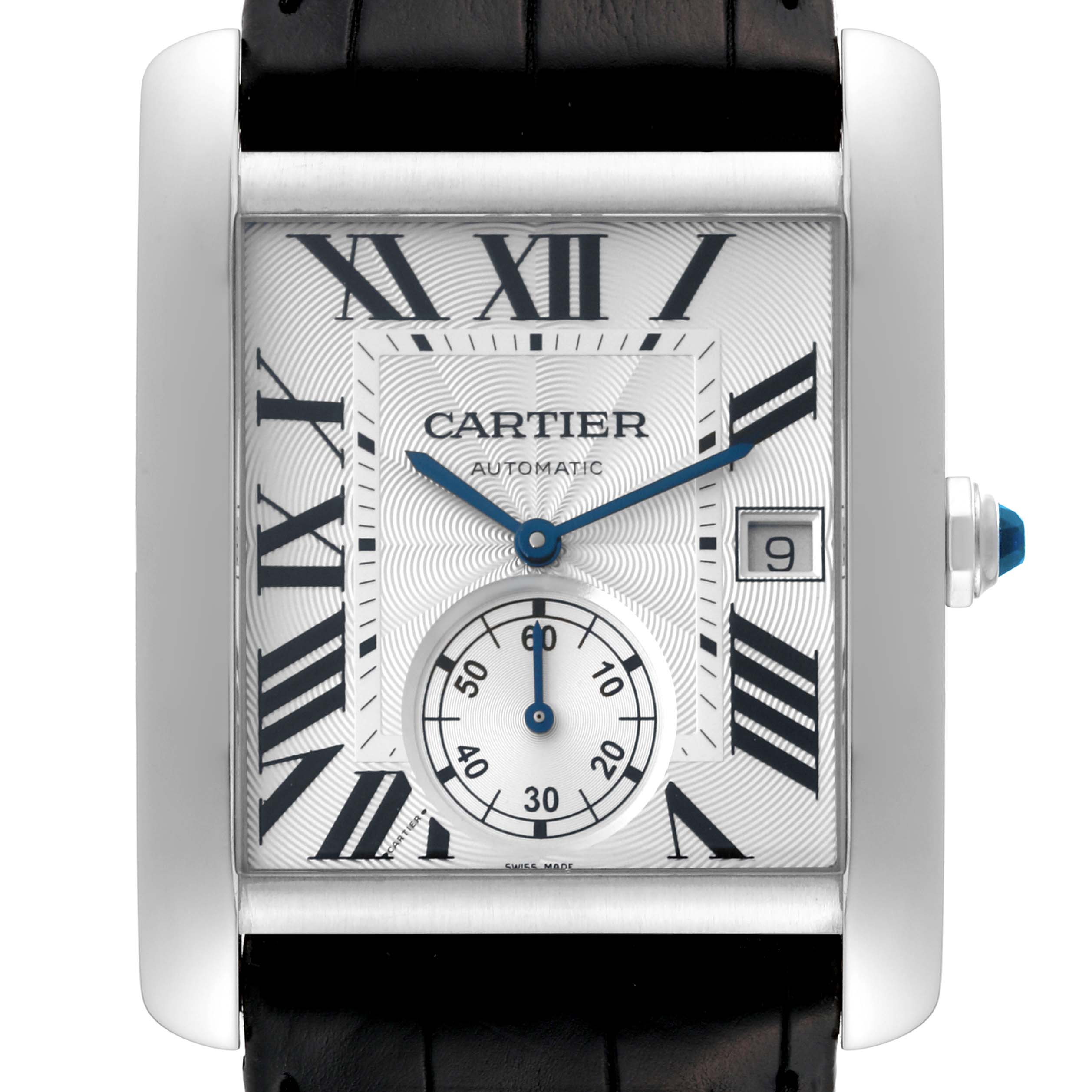 The image shows a frontal view of the Cartier Tank MC W5330003 Men
s Stainless Steel Silver Dial W5330003 Men
s Stainless Steel Silver Dial watch, displaying its dial, hands, date window, and leather strap.