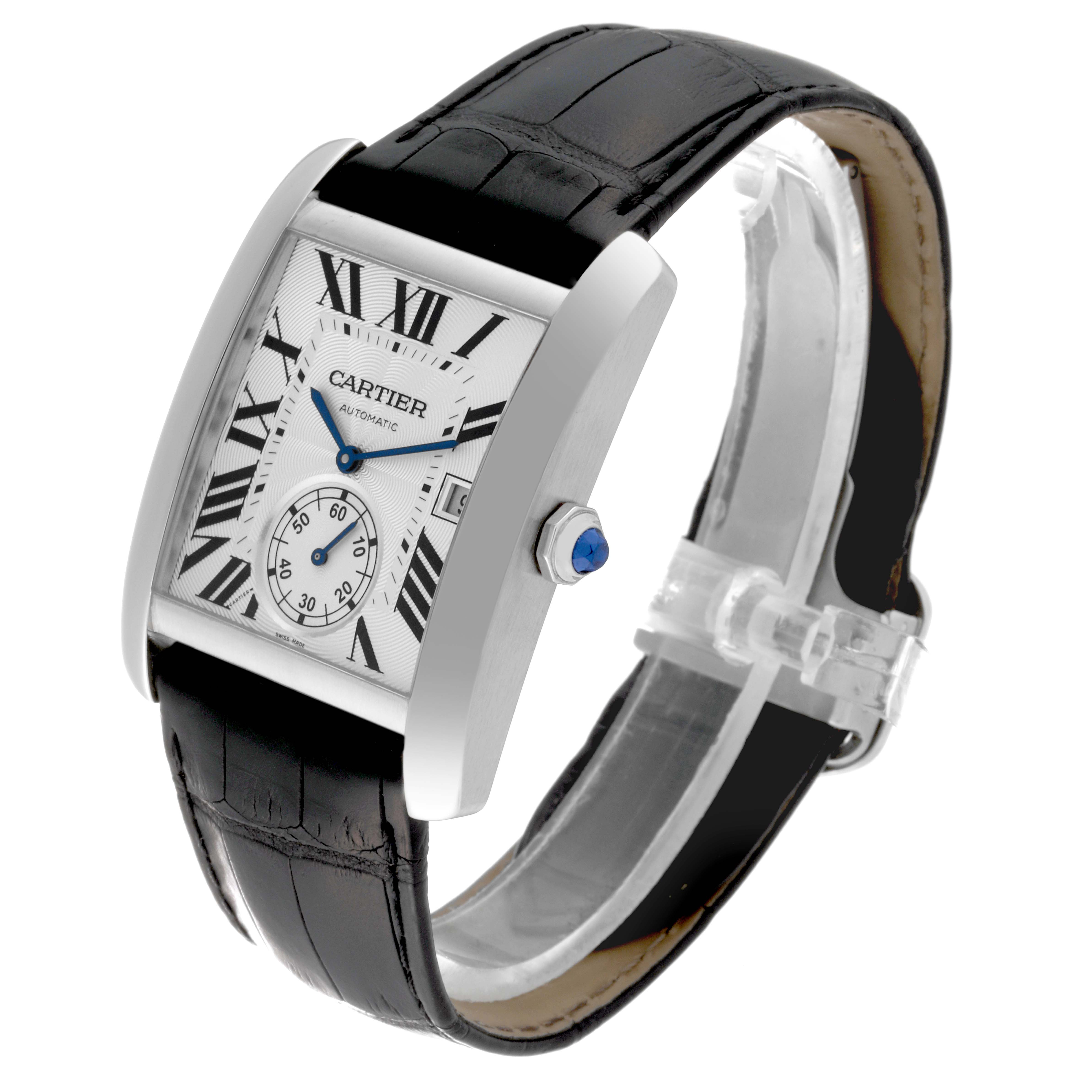 The image shows a Cartier Tank MC W5330003 Men
s Stainless Steel Silver Dial W5330003 Men
s Stainless Steel Silver Dial watch at a slight side-angle, displaying the face, strap, and crown.