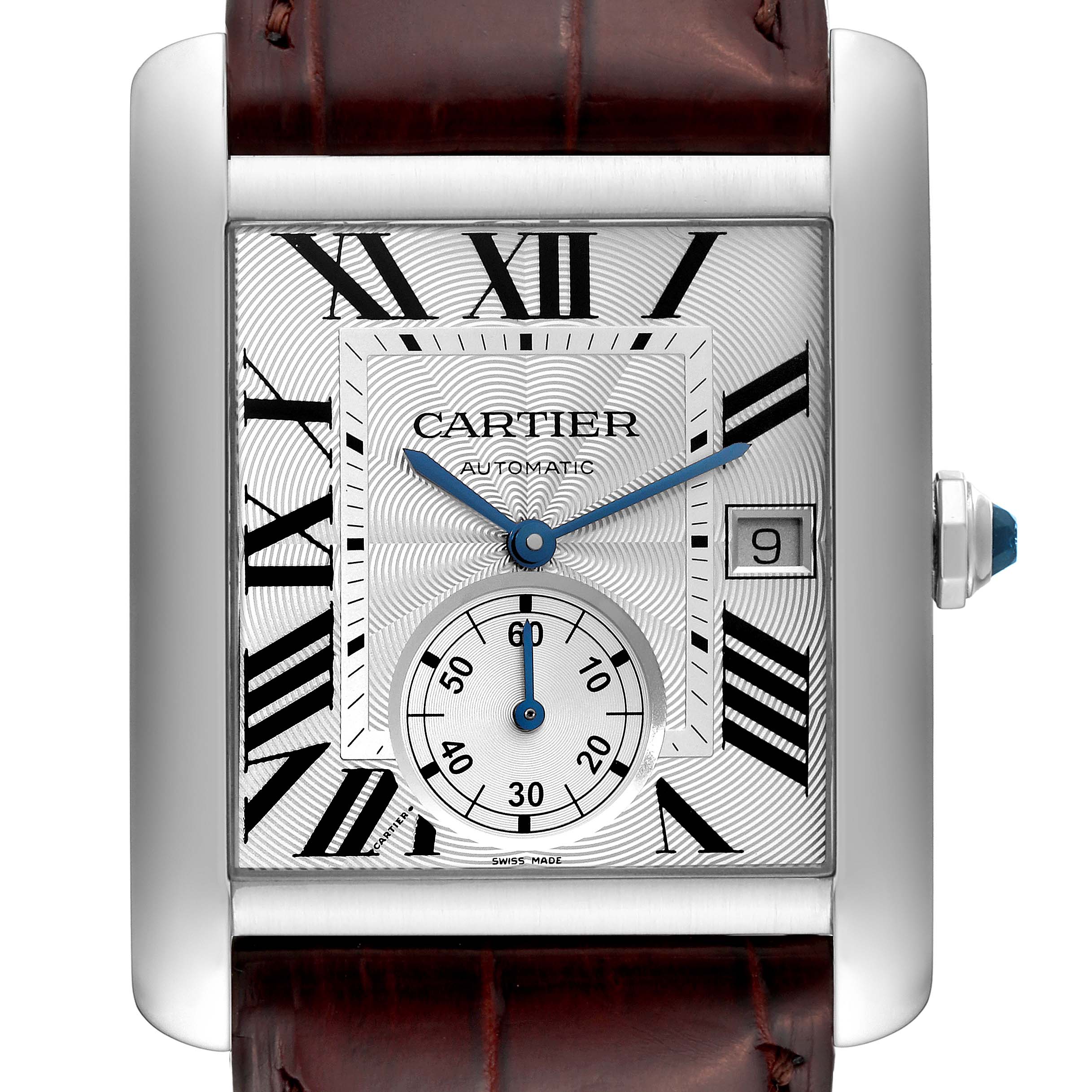 This image shows a front view of the Cartier Tank MC W5330003 Men's Stainless Steel Silver Dial W5330003 Men's Stainless Steel Silver Dial watch, displaying its Roman numerals, date window, and sub-dial.
