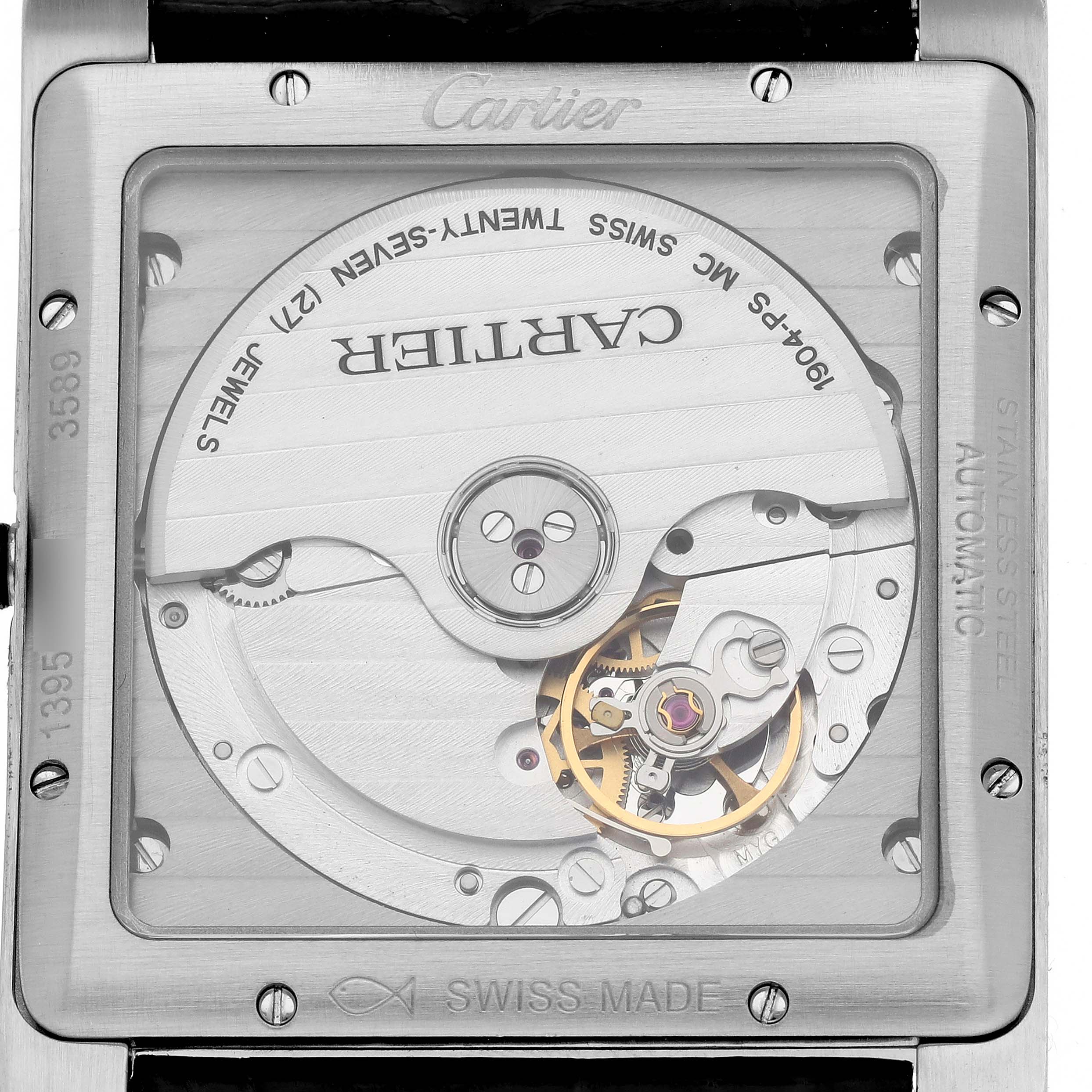 The image shows a close-up of the back view of the Cartier Tank MC W5330003 Men's Stainless Steel Silver Dial W5330003 Men's Stainless Steel Silver Dial watch, highlighting its movement and internal mechanism.