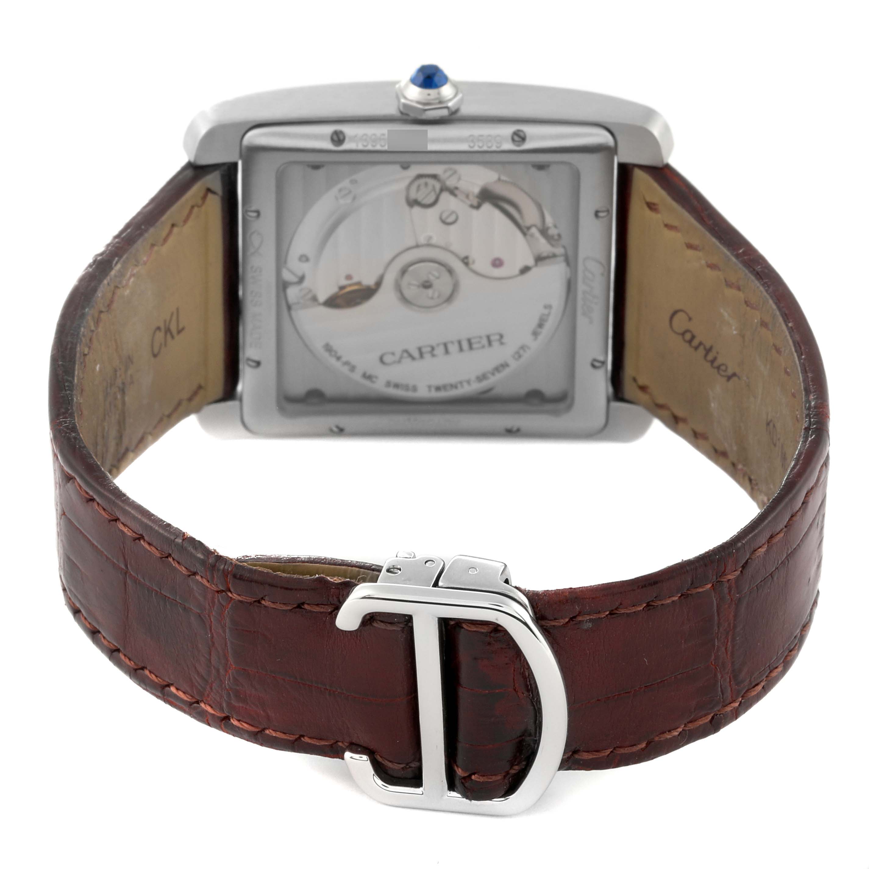 This Cartier Tank MC W5330003 Men's Stainless Steel Silver Dial W5330003 Men's Stainless Steel Silver Dial watch is shown from the rear, displaying its transparent case back and leather strap with a clasp.