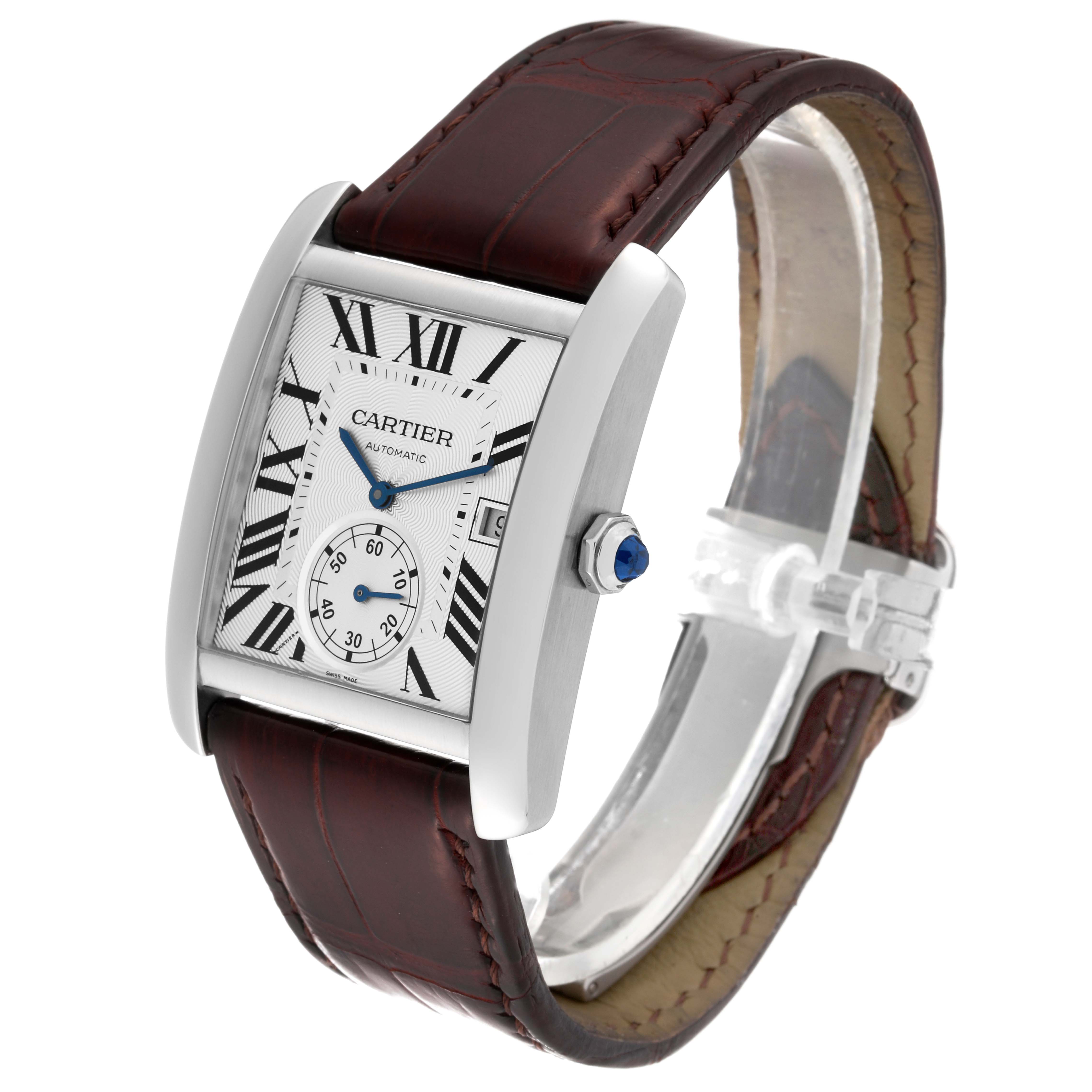 The Cartier Tank MC W5330003 Men's Stainless Steel Silver Dial W5330003 Men's Stainless Steel Silver Dial watch is shown at a slightly tilted angle, showcasing its rectangular dial, Roman numerals, leather strap, and crown.