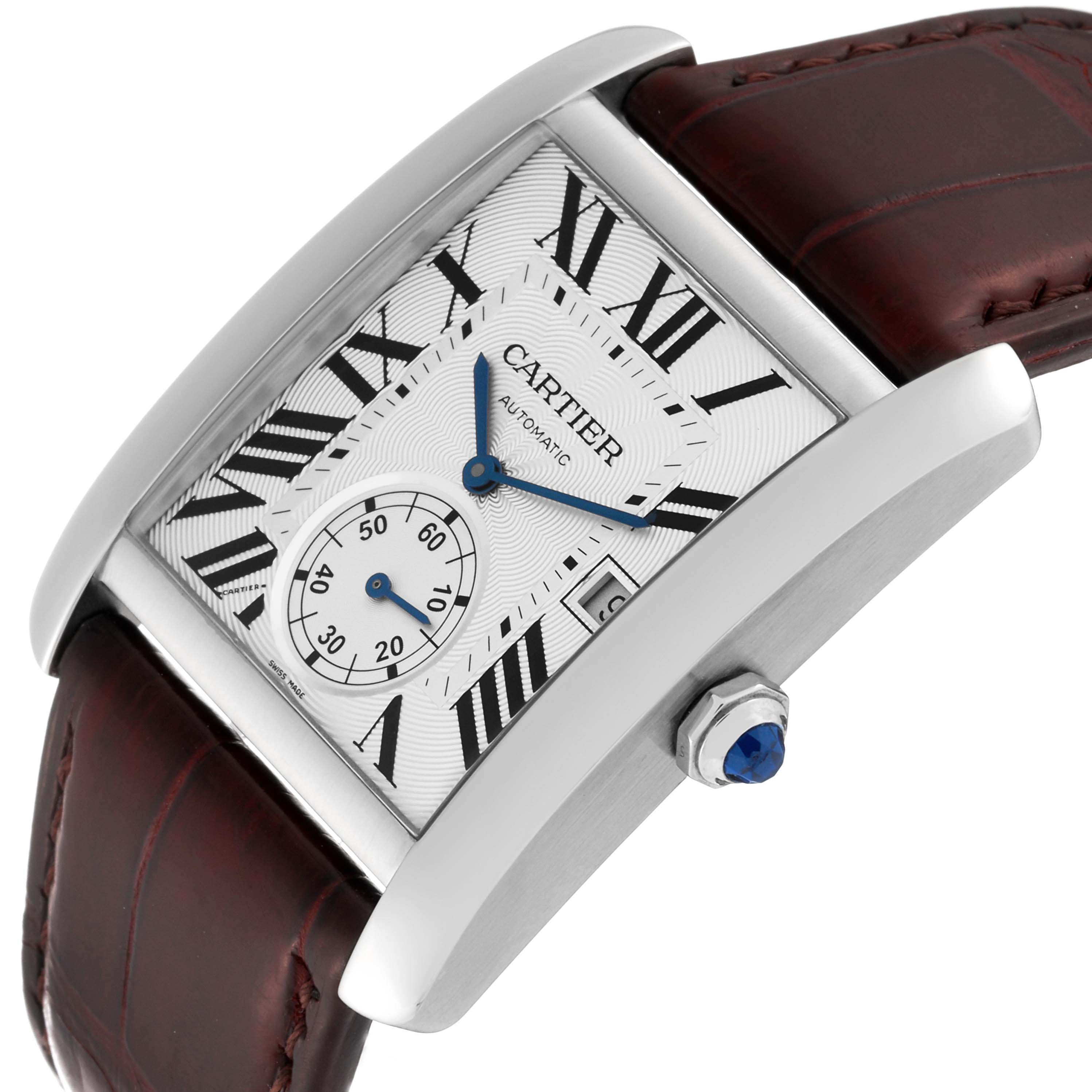 The image shows a close-up, angled view of a Cartier Tank MC W5330003 Men's Stainless Steel Silver Dial W5330003 Men's Stainless Steel Silver Dial model watch, highlighting its face, crown, and leather strap.