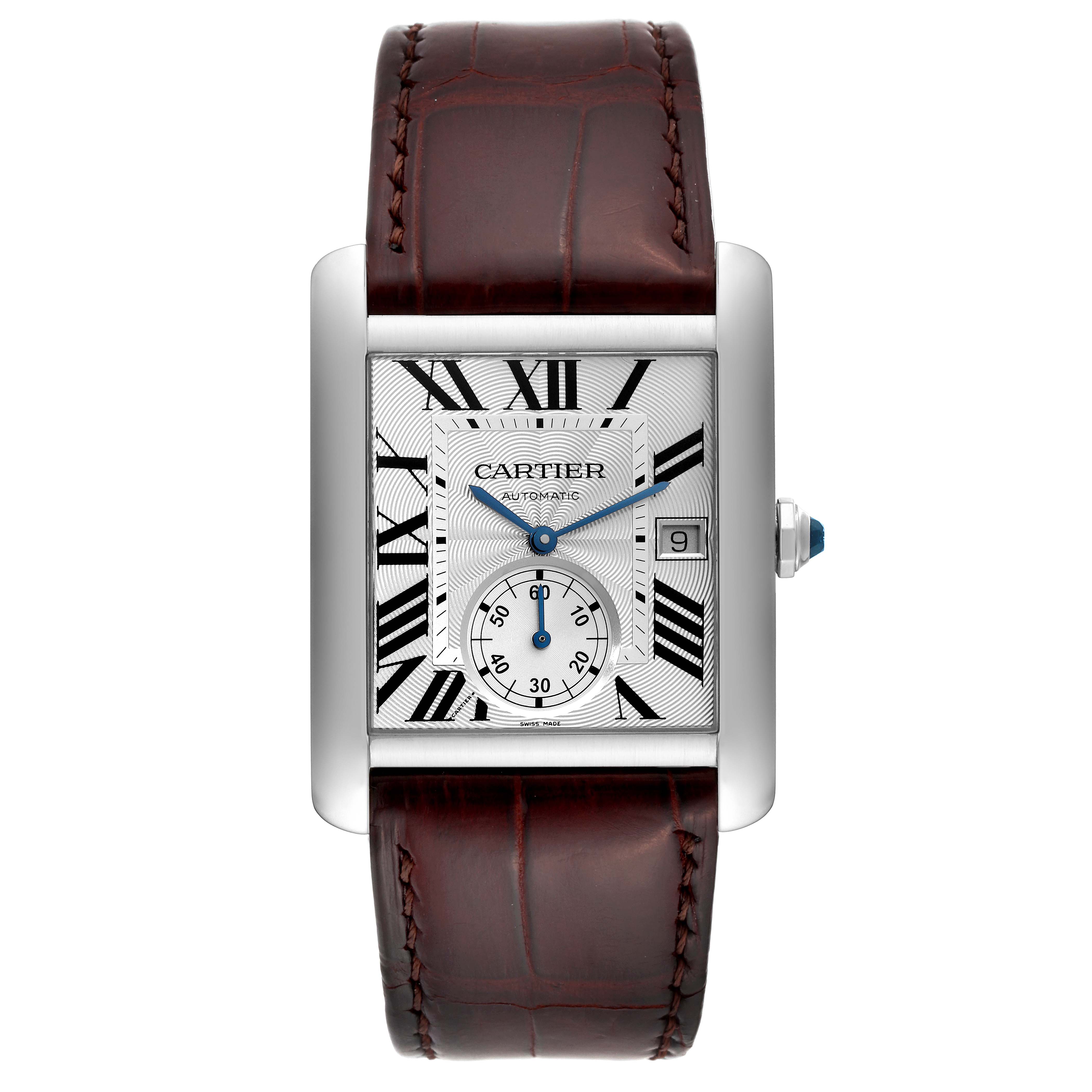 The image shows the Cartier Tank MC W5330003 Men's Stainless Steel Silver Dial W5330003 Men's Stainless Steel Silver Dial watch from a top-down angle, displaying its face and brown leather strap.