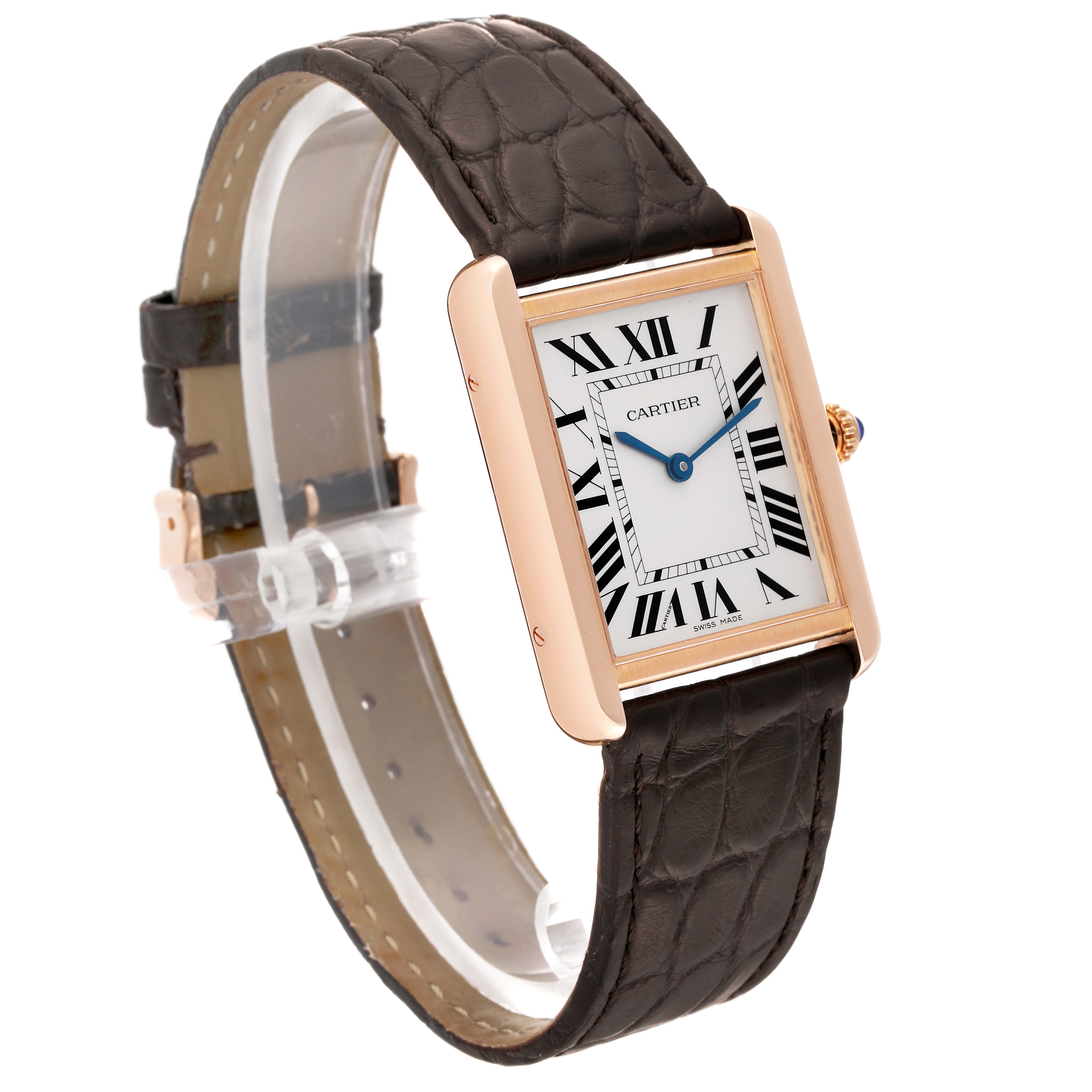 The Cartier Tank Solo W5200025 Men's Rose Gold Silver Dial W5200025 Men's Rose Gold Silver Dial watch is shown from an angled side view, displaying the face, strap, and clasp.