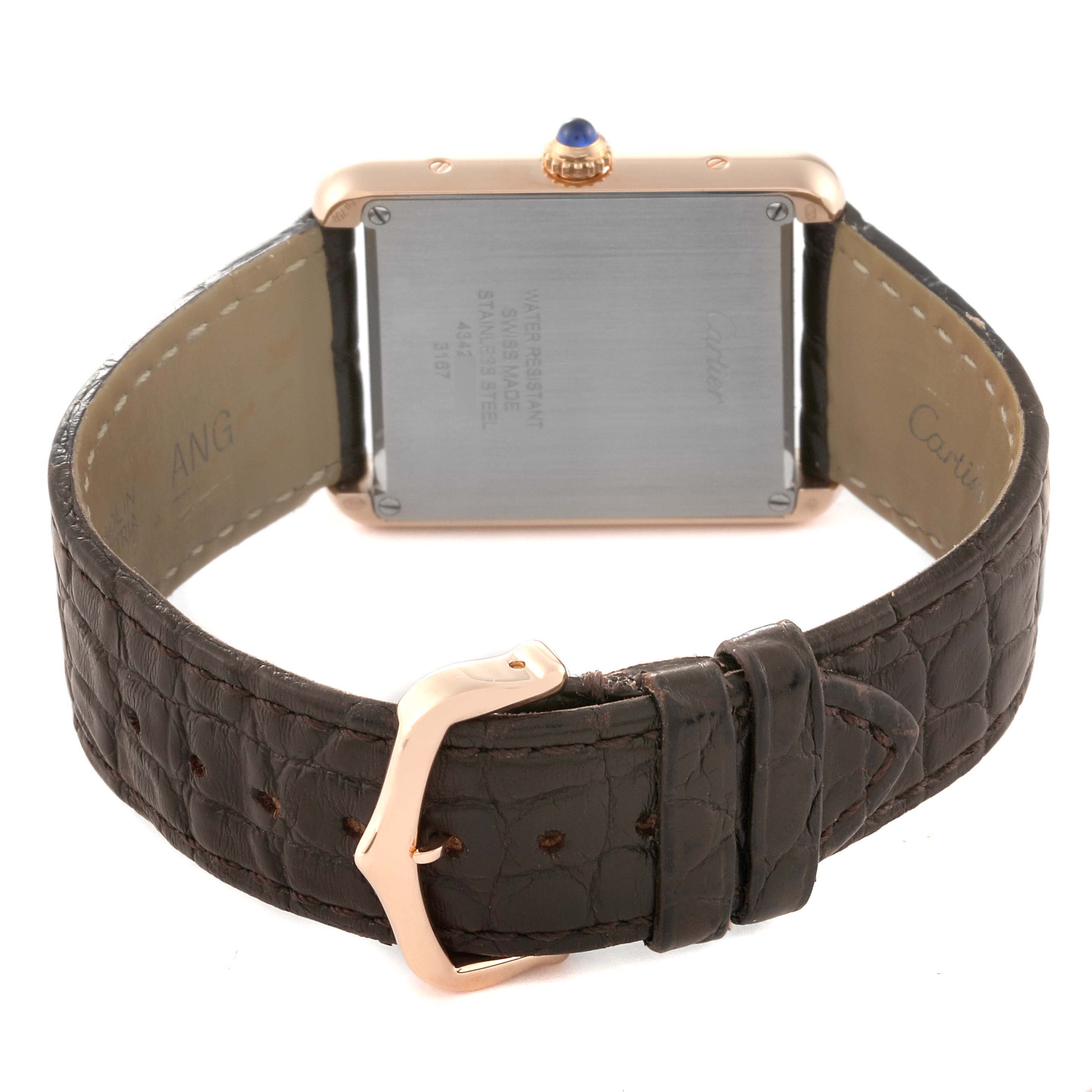 The image shows the back view of a Cartier Tank Solo W5200025 Men's Rose Gold Silver Dial W5200025 Men's Rose Gold Silver Dial watch, highlighting its clasp and strap.